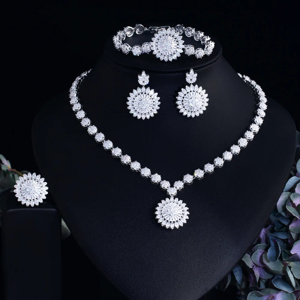 4-Piece White Cubic Zirconia Flower Jewelry Set for Women - Elegant Wedding Accessories, Bridal Party Jewelry, Costume Jewelry Set LYT0309 | Perfect for Weddings, Bridal Showers, and Special Occasions