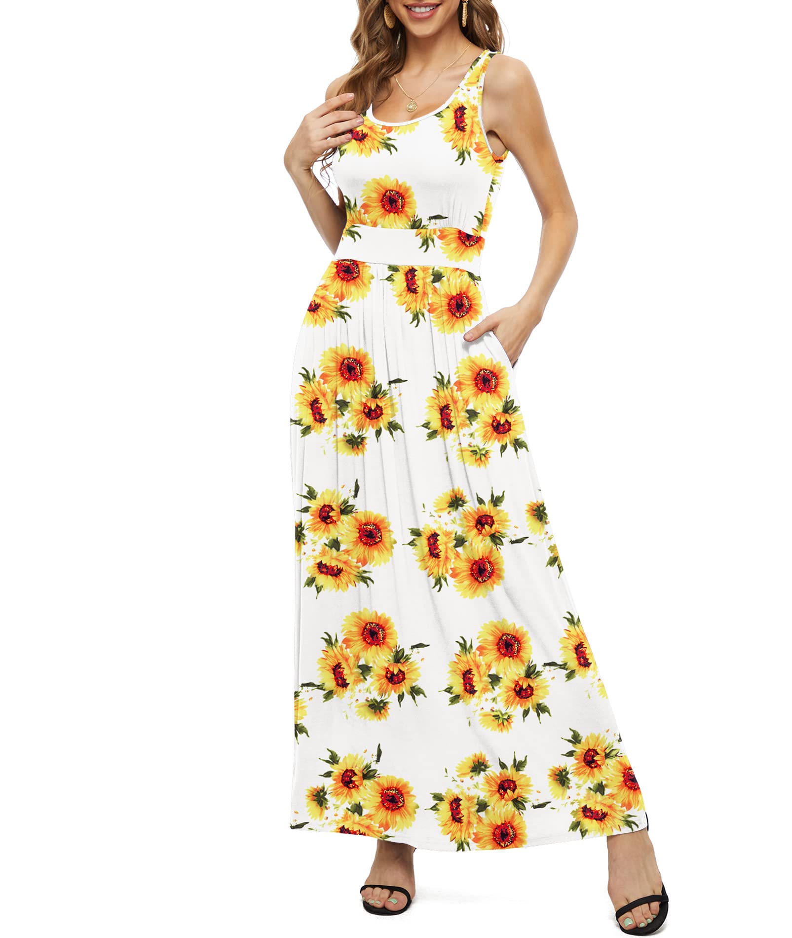 LILBETTER Women's Sleeveless Maxi Dress with Pockets - Empire Waist Casual Long Summer Dress for Beach, Vacation & Outdoor Activities