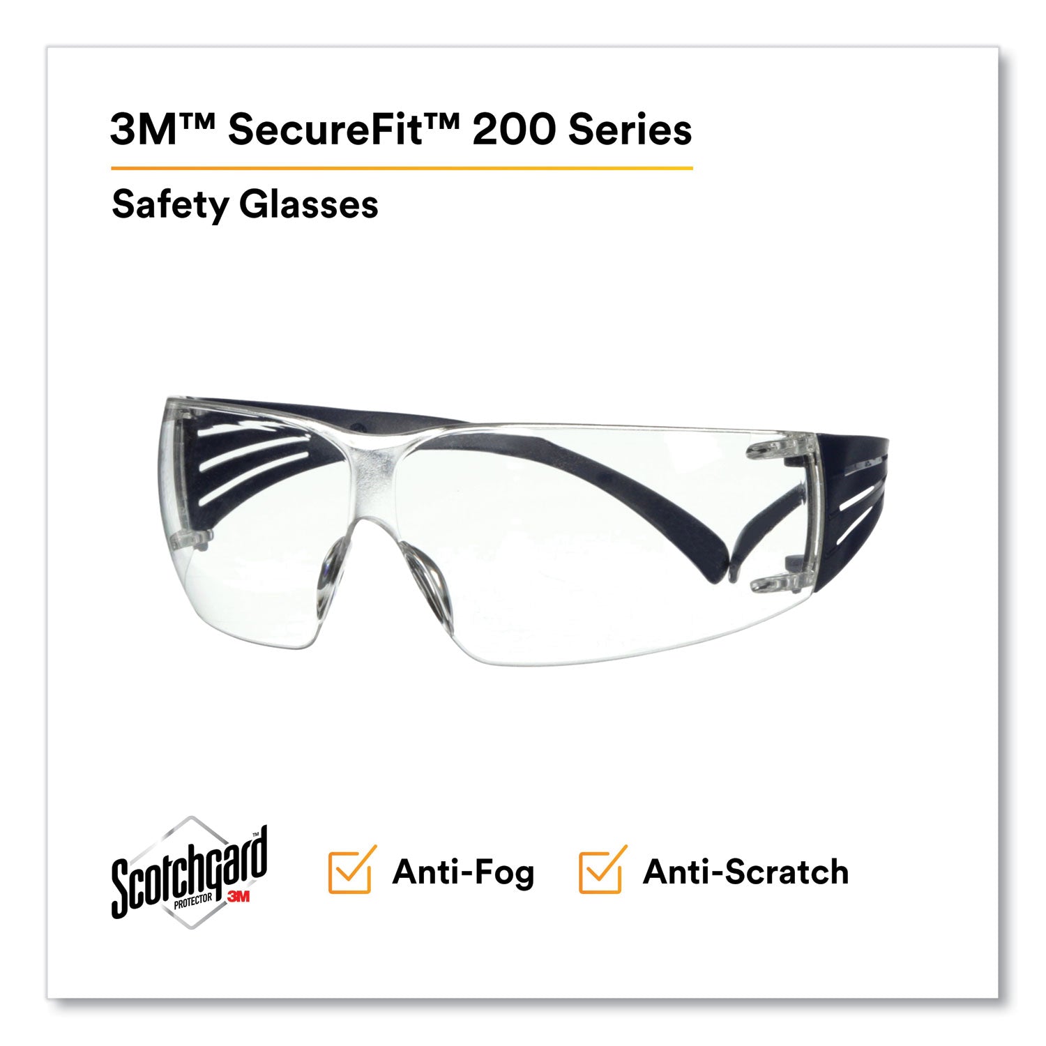 3M™ SecureFit 200 Series Protective Safety Glasses - Dark Blue Plastic Frame, Clear Polycarbonate Lens for Construction, Woodworking & Lab Work