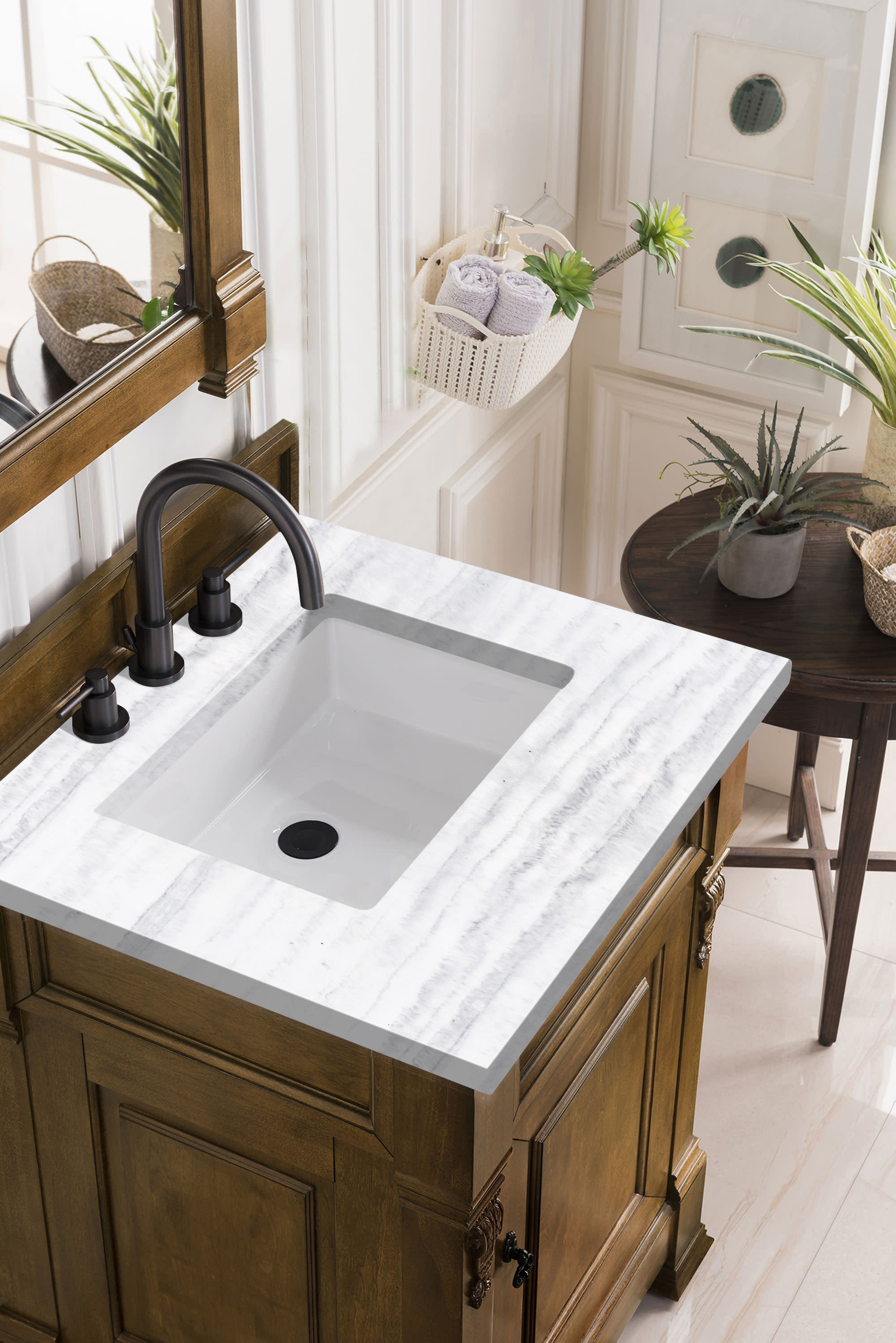 Brookfield 26 Inch Single Bathroom Vanity with Country Oak Finish & 3CM Arctic Fall Solid Surface Top - Perfect for Modern Farmhouse, Rustic, or Traditional Bathroom Decor