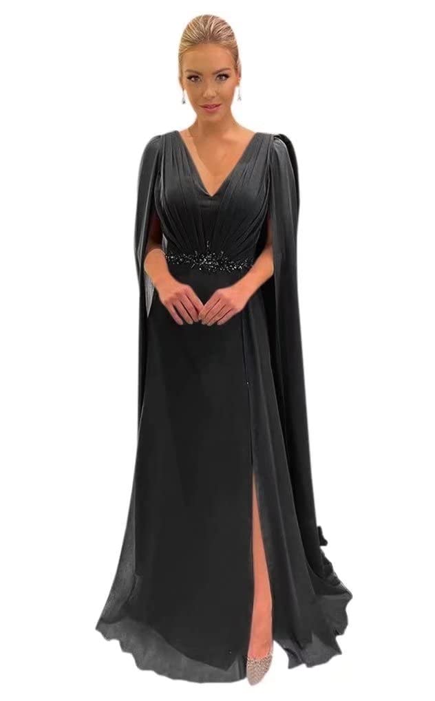 Elegant Beaded Chiffon Slit Mother of The Bride Dresses for Wedding - Long A-Line Cape Evening Formal Gowns for Women | Perfect for Wedding Ceremonies, Formal Events & Special Occasions