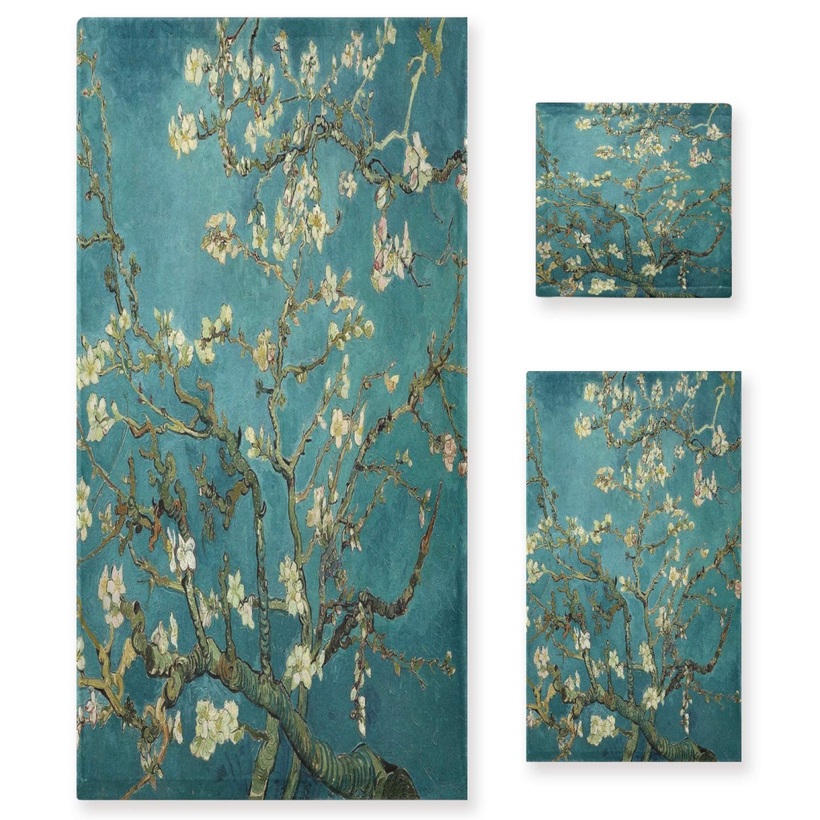 Van Gogh Almond Bath Towel Set - Luxury 3-Piece Decorative Towels (1 Bath, 1 Hand, 1 Washcloth) - Ultra Soft & Absorbent for Bathroom, Hotel, Gym, Yoga & Spa - Perfect for Home Decor & Guest Towels