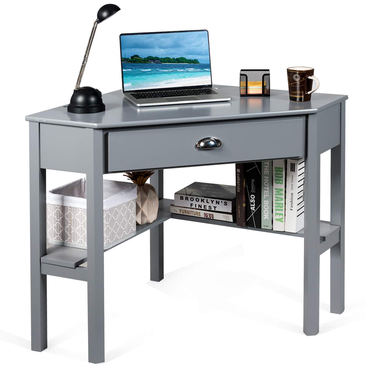 KOTEK Corner Desk with Drawer and Shelves - Wooden Home Office Desk, Triangle Computer Desk for Small Spaces, Writing Study Desk & Workstation, Makeup Vanity Table (Grey) - Perfect for Home Office, Gaming Setup, Dorm Room & Bedroom Workspace