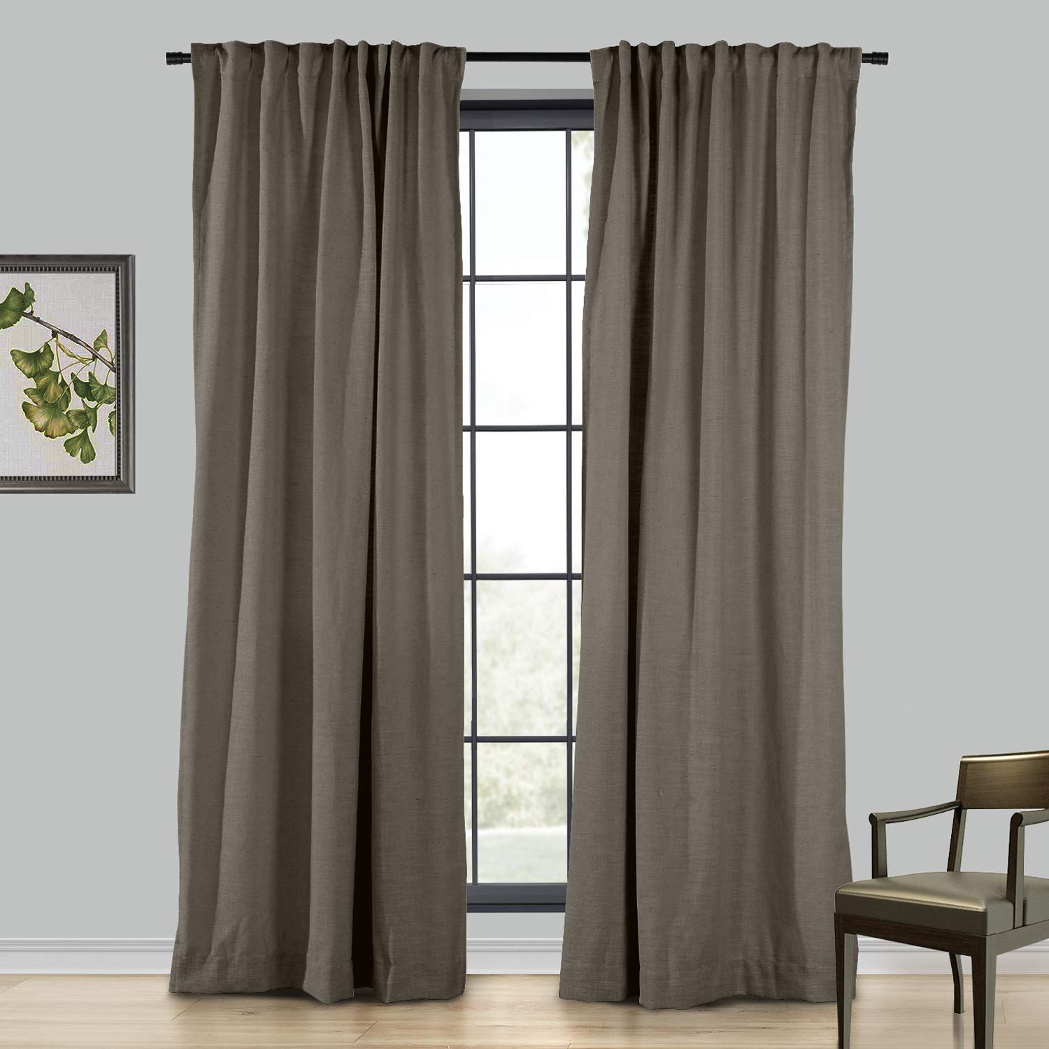 Premium 100% Linen Blackout Curtains 100Wx120L Inches - Room Darkening Thermal Insulated Drapes with 4-in-1 Header (Rod Pocket, Back Tab, Hooks & Belt) - Chocolate Tart Brown - Perfect for Bedroom, Living Room & Home Theater (1 Panel)