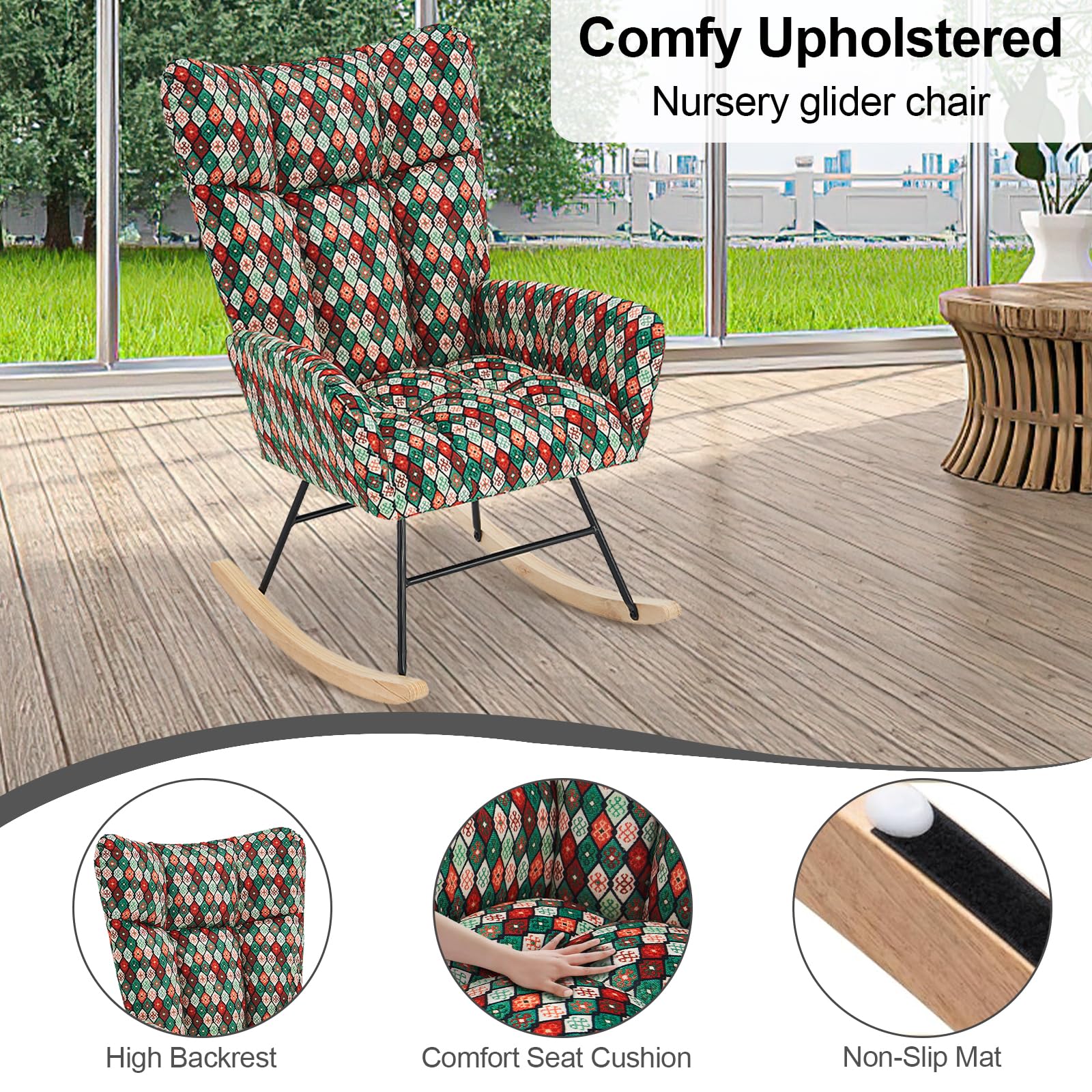 **Solid Wood Nursery Rocking Chair with Soft Teddy Fabric Upholstery - Adjustable High Back Glider for Nursing, Reading & Relaxing - Perfect for Nursery, Living Room & Bedroom (Camouflage Design)**