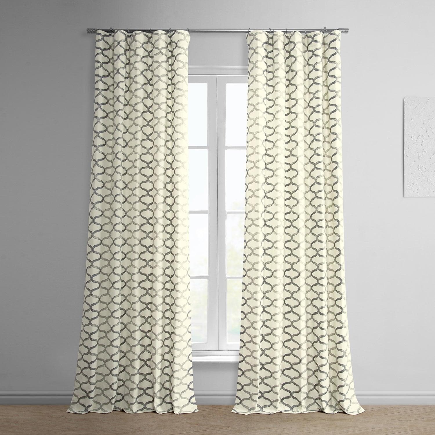 Silver Grey Geometric Print Blackout Curtains - Modern Cotton Window Treatments for Bedroom & Living Room