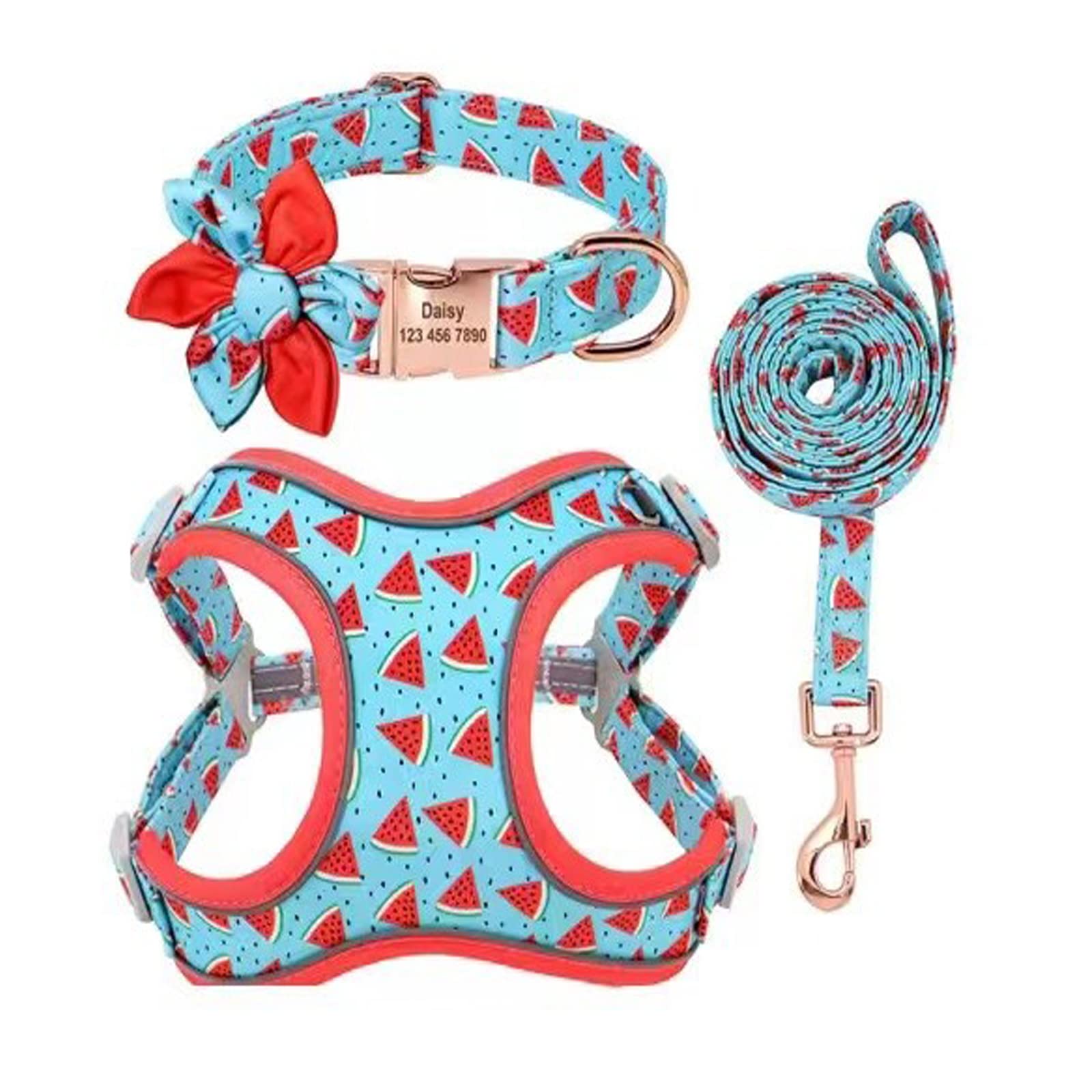 **Cute Custom Dog Collar, Harness & Leash Set with Detachable Flower - Soft Mesh Adjustable Vest for Small, Medium, Large Dogs (S/M/L) - Perfect for Walks, Training & Fashion**