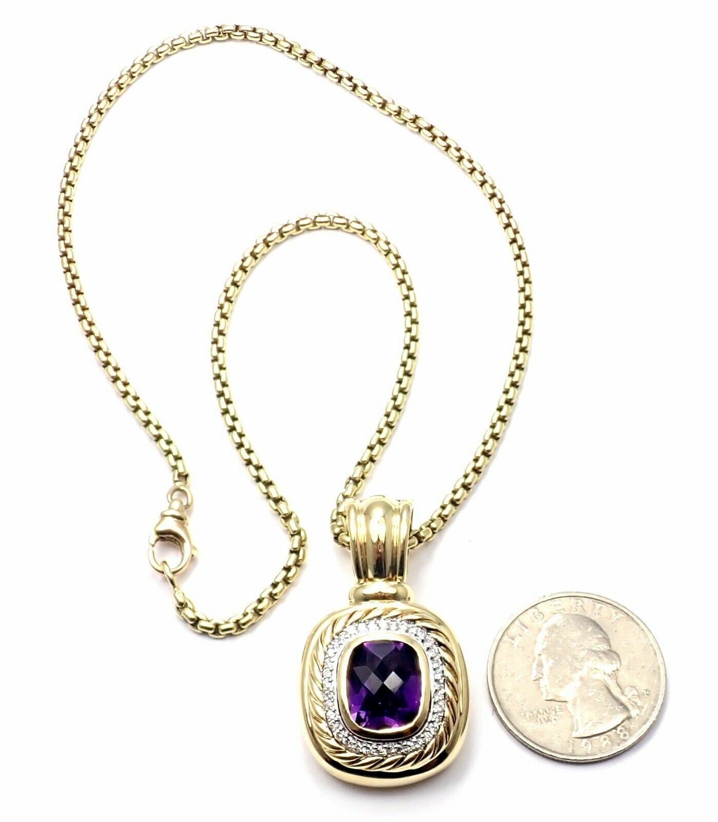 David Yurman 18K Yellow Gold Cable Necklace with Amethyst and Diamonds - Elegant Large Pendant for Women, Perfect for Weddings, Parties & Special Occasions