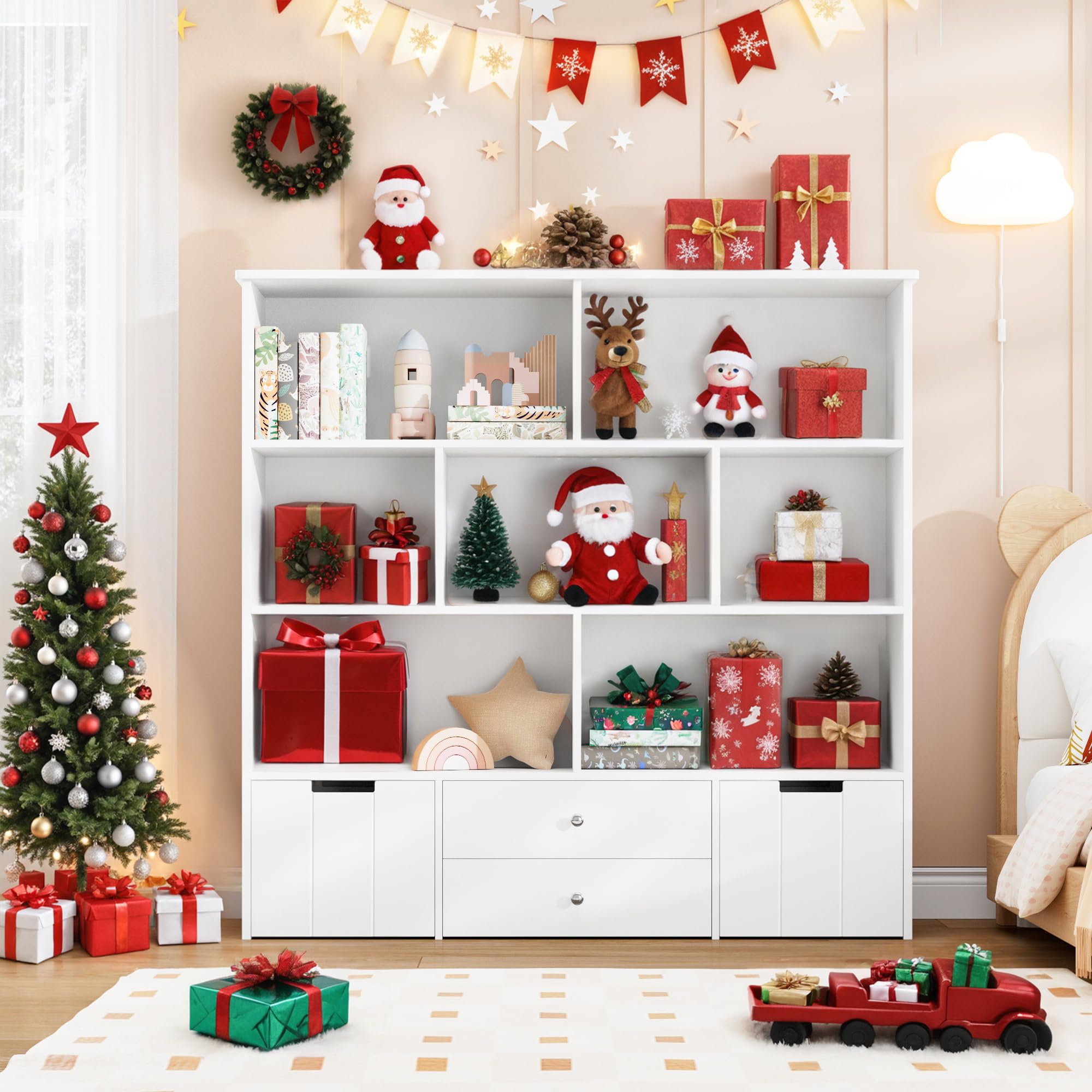 FINETONES Kids Toy Storage Organizer - Large 4-Drawer Bookshelf with 7 Storage Cubbies & Hidden Wheels, White | Playroom Organization for Toys, Books & Games | Perfect for Nursery, Daycare & Home Play Areas