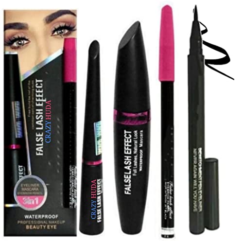 Crazy Huda Professional Waterproof Eyeliner, Mascara, Eyebrow Pencil & Kajal Set - 4 Piece Makeup Kit for Long-Lasting Eye Definition | Perfect for Parties, Weddings & Everyday Glam