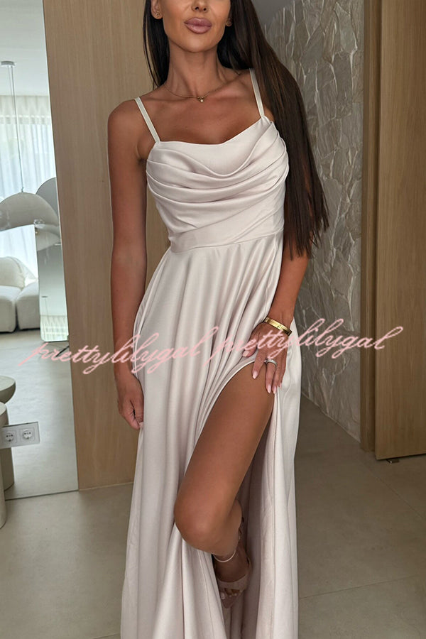 Elegant Solid Color Maxi Dress with Suspender Back, Pleated Detail & Side Slit - Perfect for Weddings, Parties & Evening Events