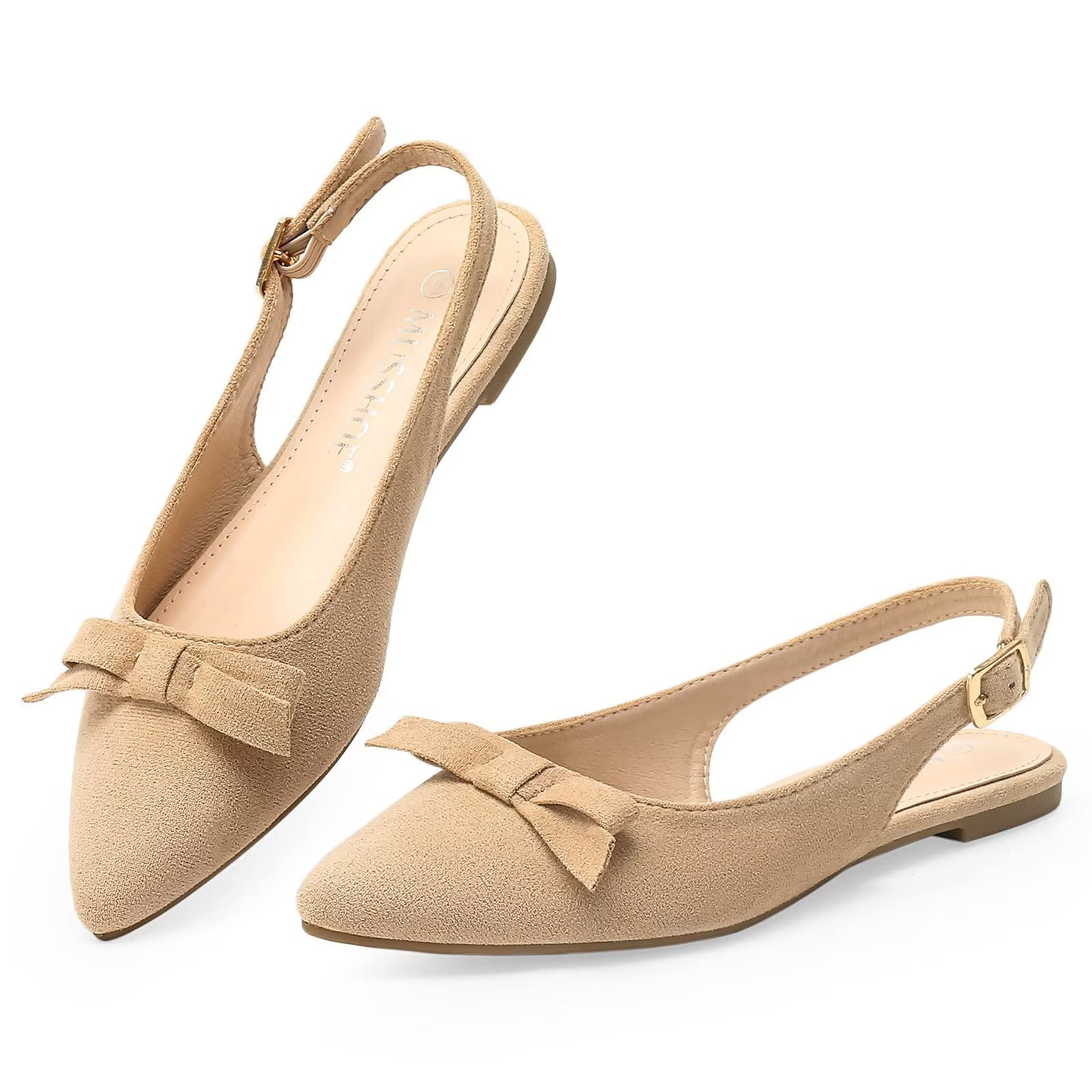 MUSSHOE Women's Pointed Toe Slingback Flats - Comfortable Dressy Summer Shoes for Women, Beige Size 9 | Perfect for Office, Weddings & Casual Outings