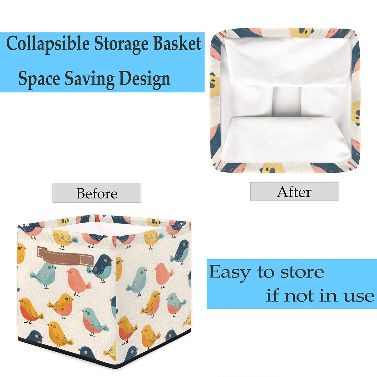 13 Inch Collapsible Birds Storage Basket with Leather Handle - Foldable Storage Bin Organizer for Closet, Shelves & Home Decor (Beige) - Perfect for Bedroom, Nursery & Bathroom Organization