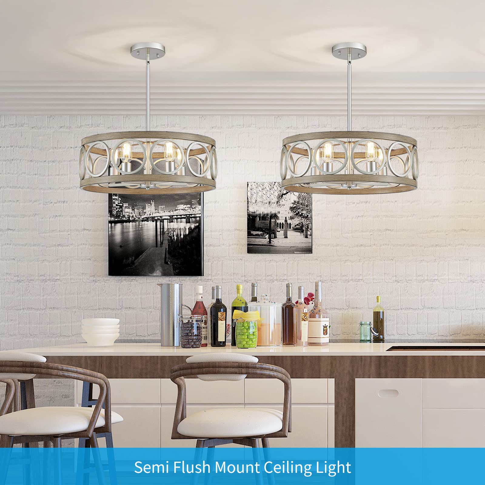 21.7'' Modern Farmhouse Chandelier - 5-Light Drum Ceiling Fixture with Antique Wood Grain & Brushed Nickel Finish - Perfect for Living Room, Dining Room, Kitchen Island or Bedroom Lighting