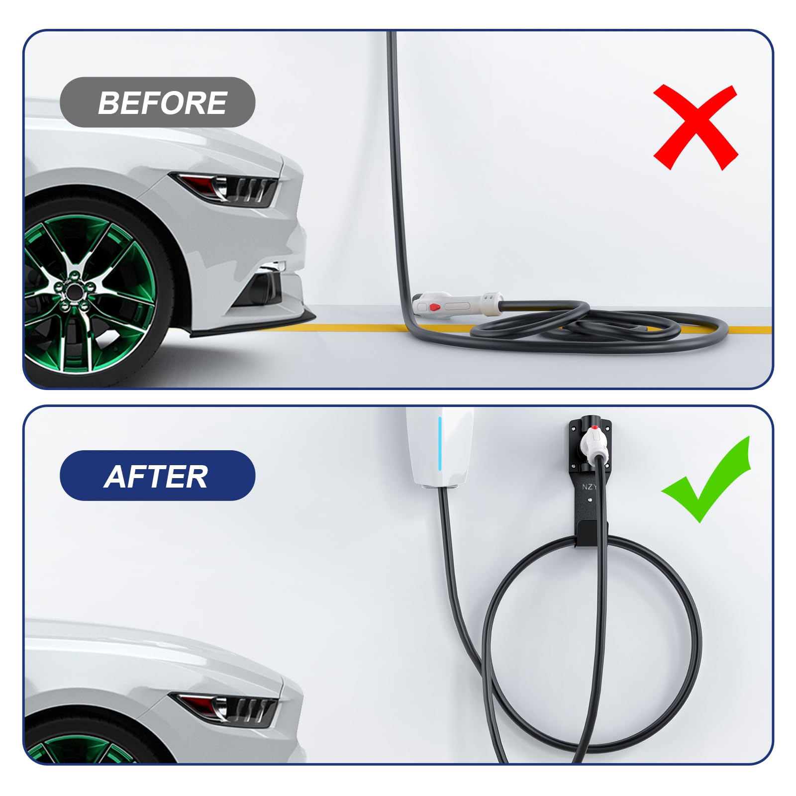 180° Rotating EV Charger Holder Wall Mount Kit - SAE J1772 Connector Holster Dock for Electric Vehicles - Indoor/Outdoor J-Hook Cable Organizer - Perfect for Home Garage & Public Charging Stations
