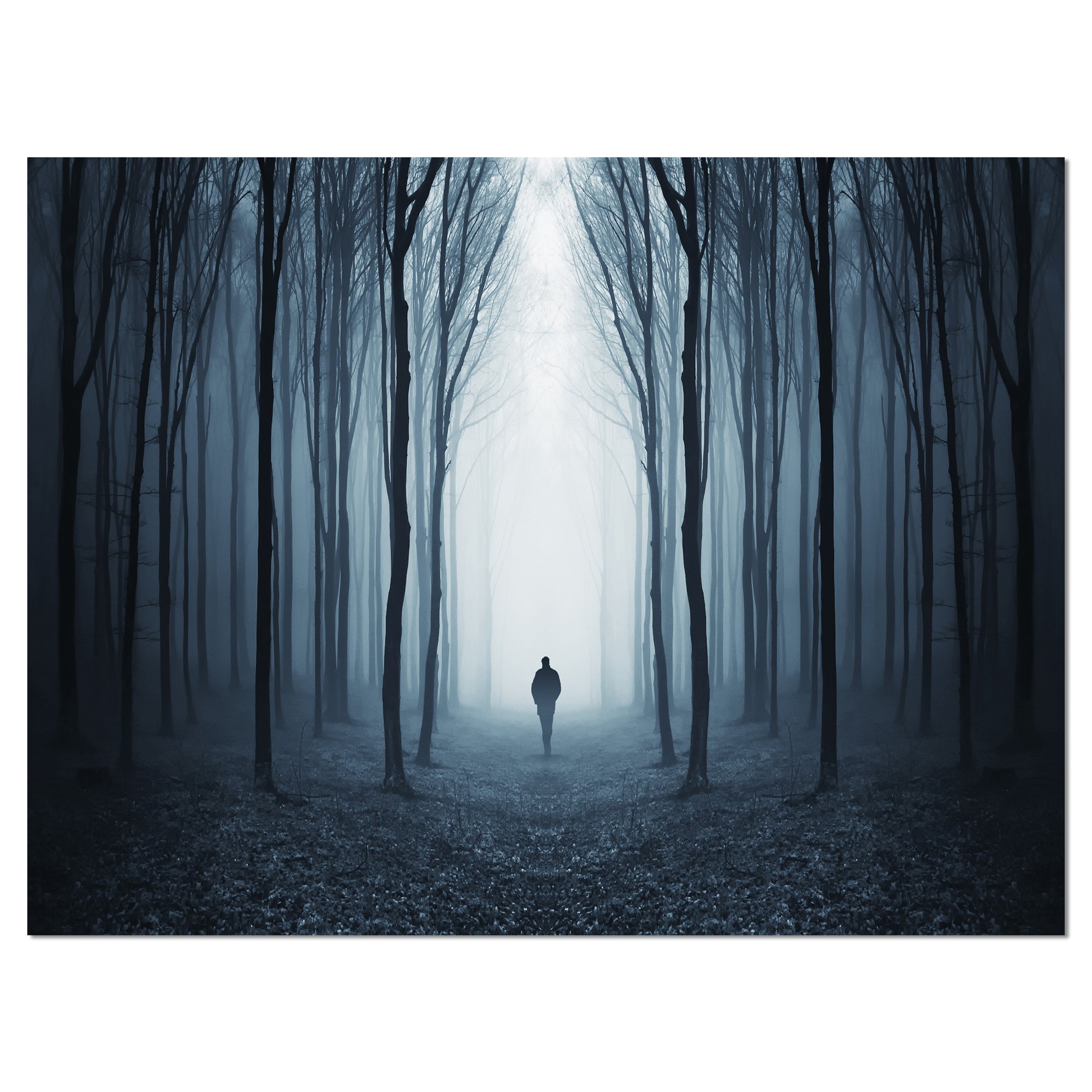 Man Walking in Misty Forest Landscape Photography Canvas Print - Blue Wall Art for Living Room, Bedroom & Office Decor