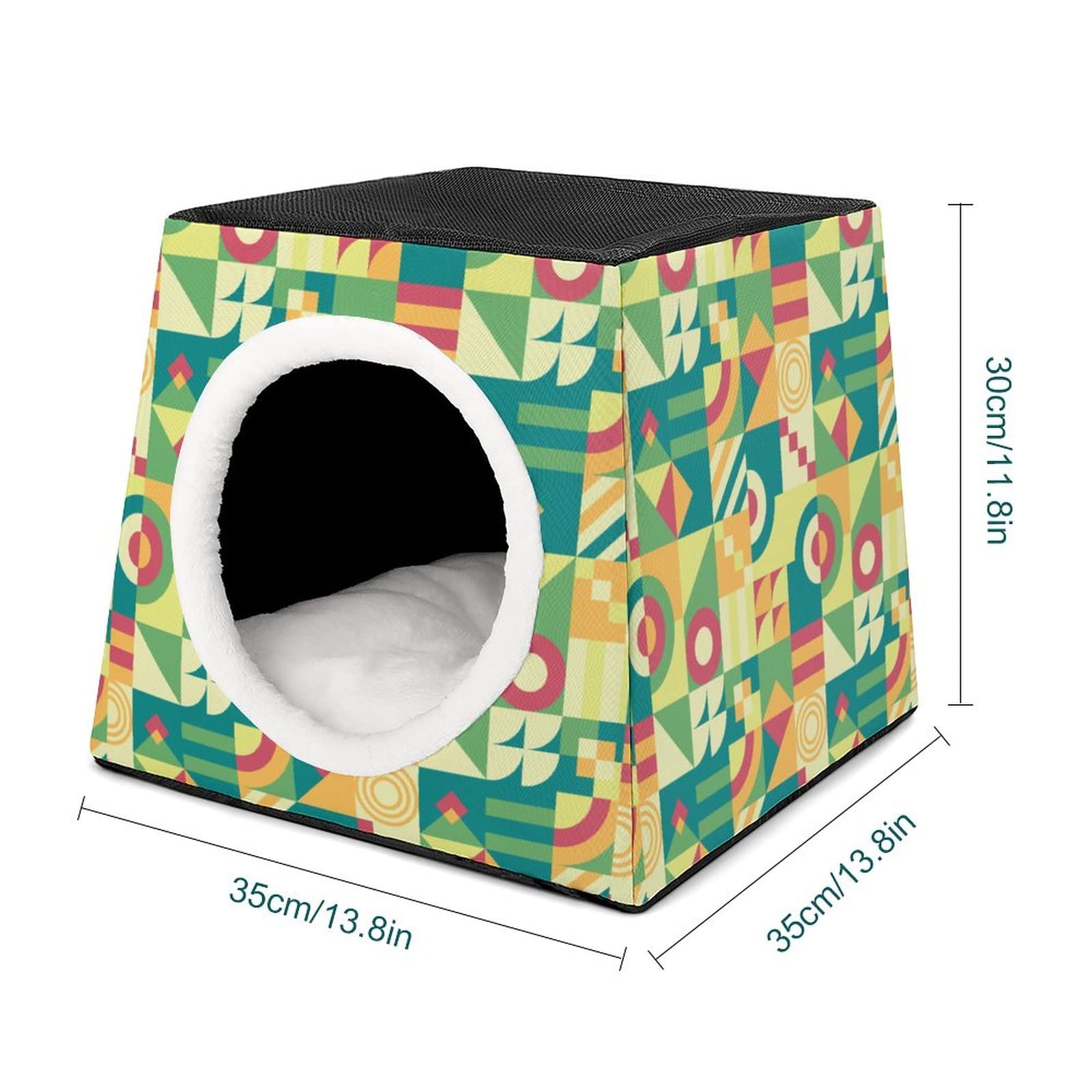 Printed Cat Houses & Condos - Foldable Cat Cube Bed with Removable Pillow, Green Abstract Puzzle Design - Cozy Pet Furniture for Indoor Cats, Perfect for Living Room, Bedroom or Office