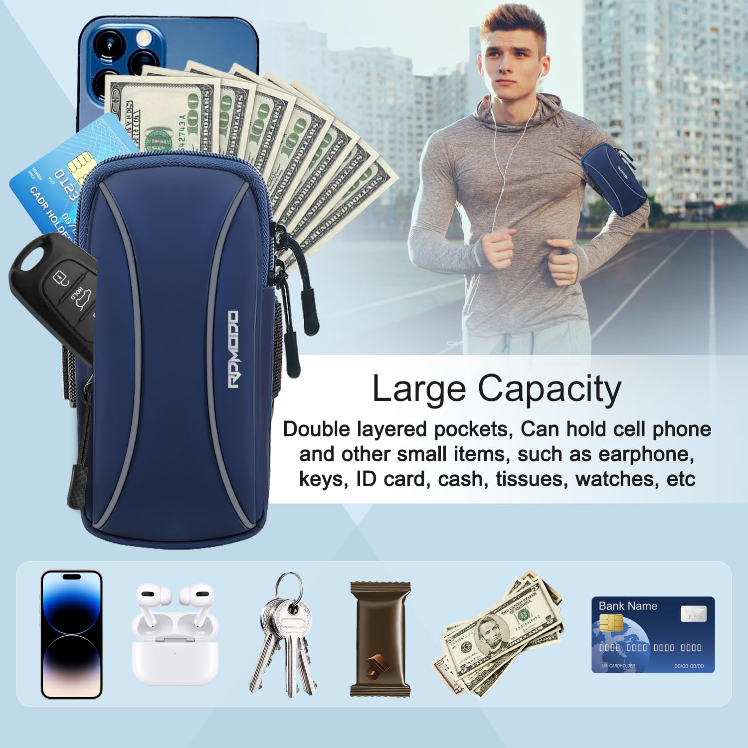 Running Armband Phone Holder with Crossbody Strap - Compatible with iPhone 15 14 13 Pro Max & Samsung Galaxy S24 S23 - Lightweight 2-Pocket Design for 7.2