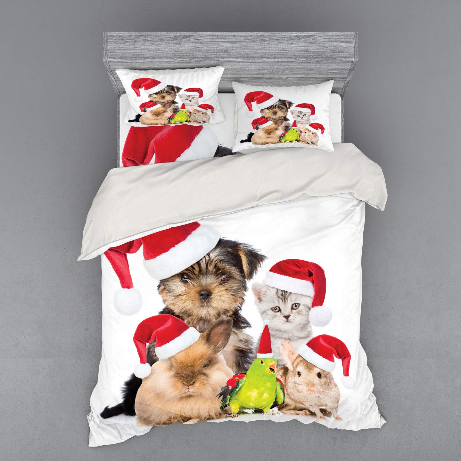 Ambesonne Christmas Duvet Cover Set - 4 Piece Holiday Bedding with Santa Hat Pet Design (Queen Size, Multicolor) | Xmas Crew Cat Dog Bird Mouse Rabbit Bunny Theme | Perfect for Festive Bedroom Decor & Winter Gift Giving