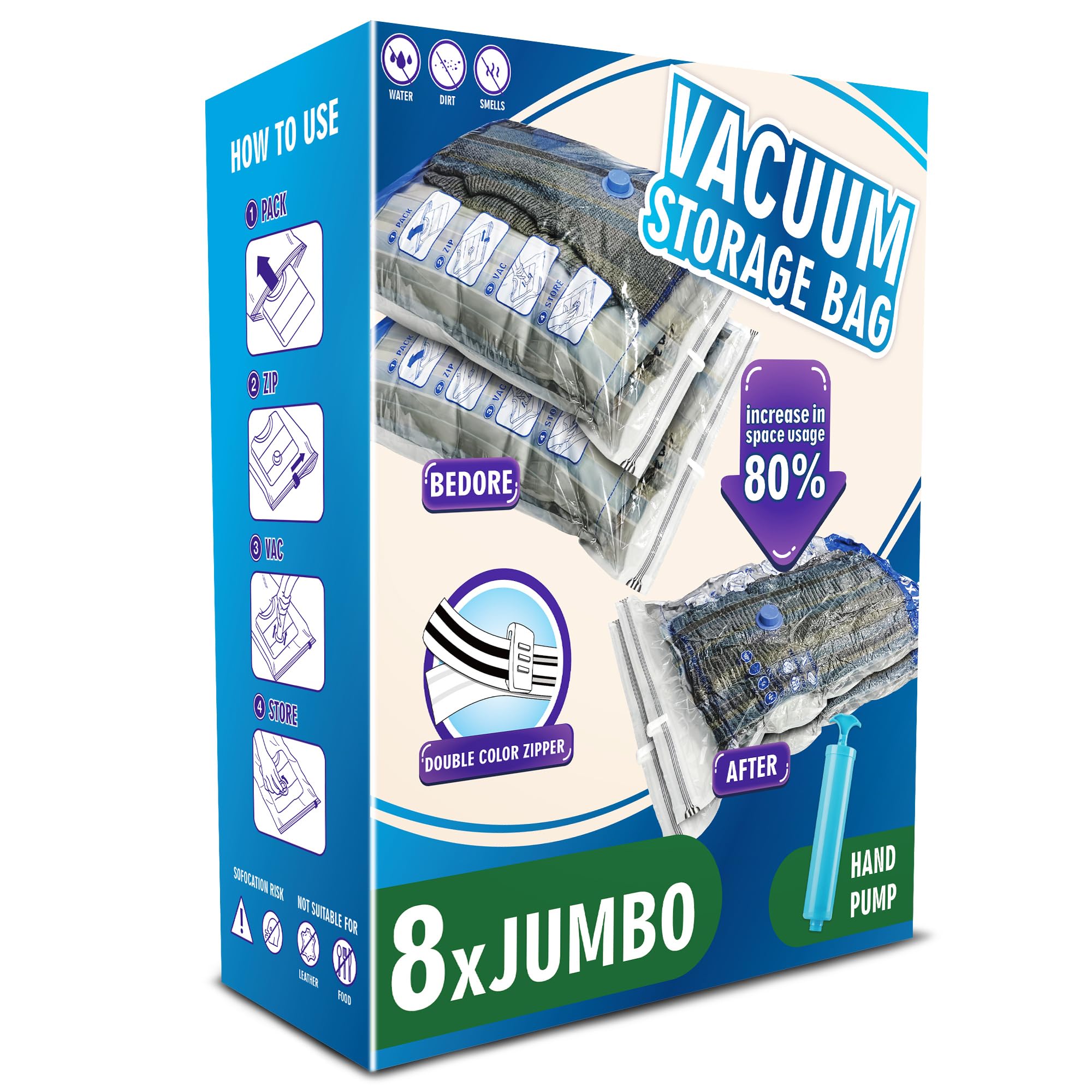 Jumbo Vacuum Storage Bags - 8 Pack Space Saver Bags for Clothes, Comforters, Blankets | Extra Large Vacuum Seal Bags for Seasonal Storage, Travel & Home Organization