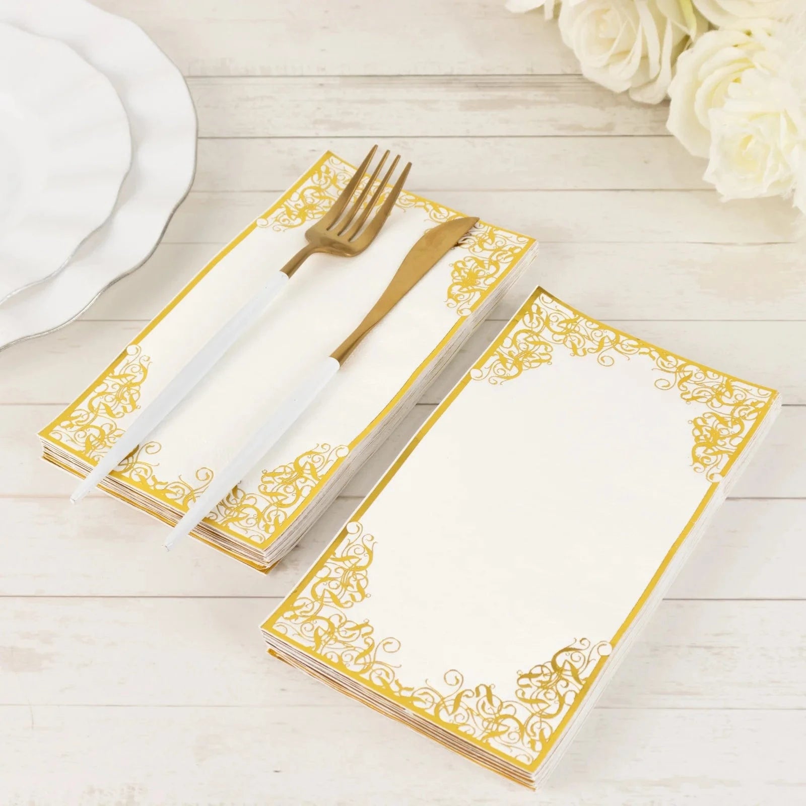 50-Pack Premium Soft White Dinner Napkins with Elegant Gold Foil Lace Design - Perfect for Weddings, Parties & Fine Dining