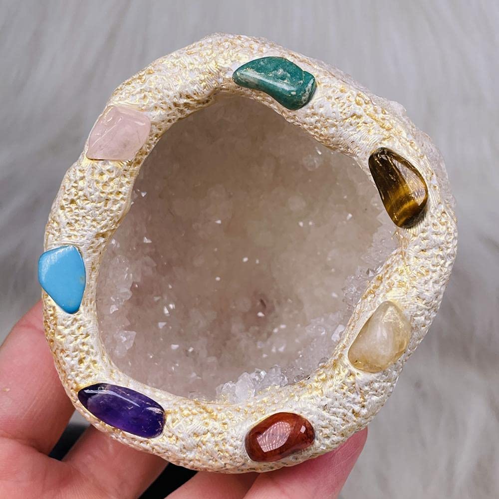 Natural Geode Seven Chakras Quartz Cluster Crystal Specimen - Healing Energy Stones for Meditation, Reiki, Yoga & Home Decor (3-4 inch)