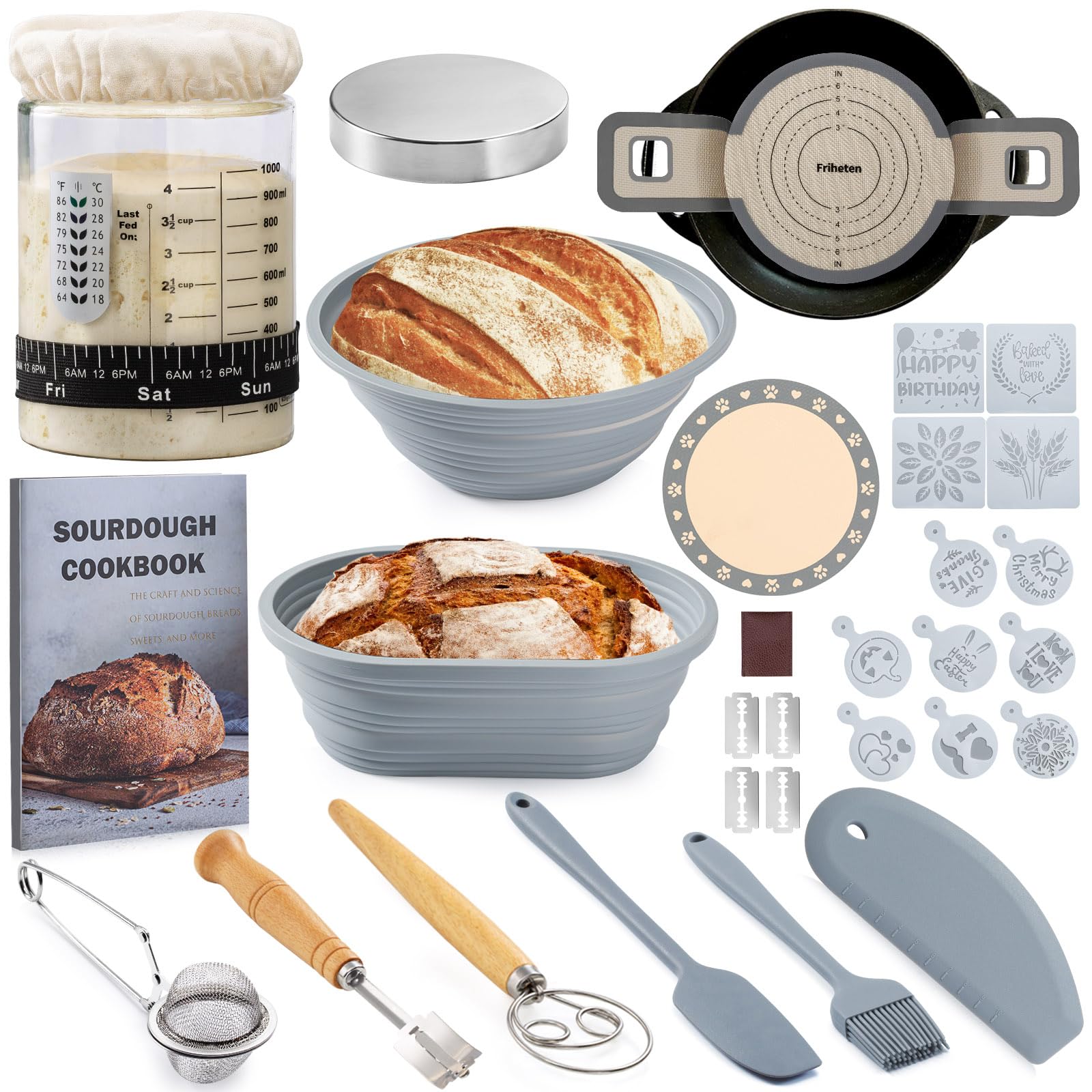 Sourdough Starter Kit - 40oz Glass Jar, Silicone Banneton Bread Proofing Basket Set (9