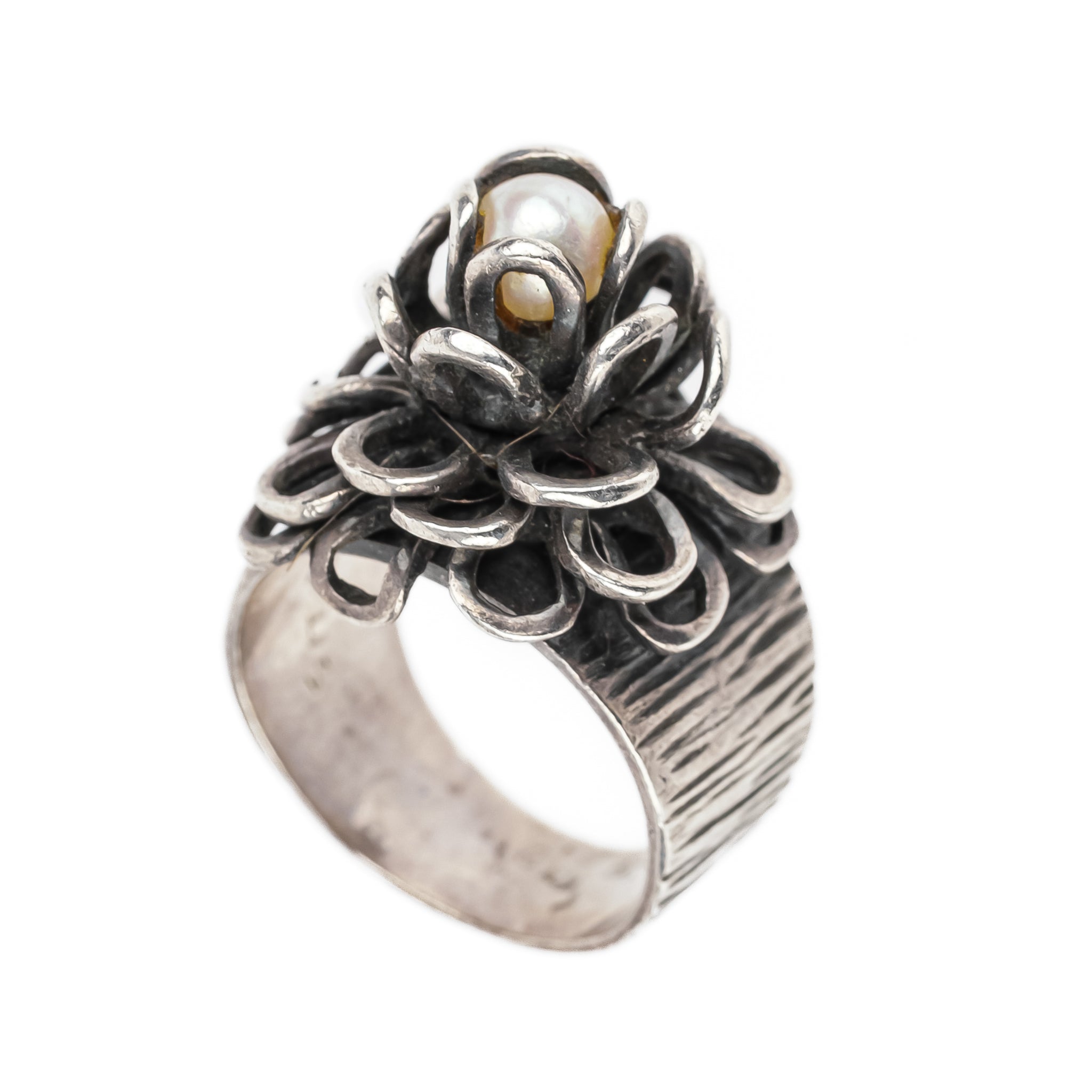OPUS Sterling Silver Brutalist Pearl Flower Ring for Women - Elegant Handmade Jewelry for Weddings, Parties & Special Occasions