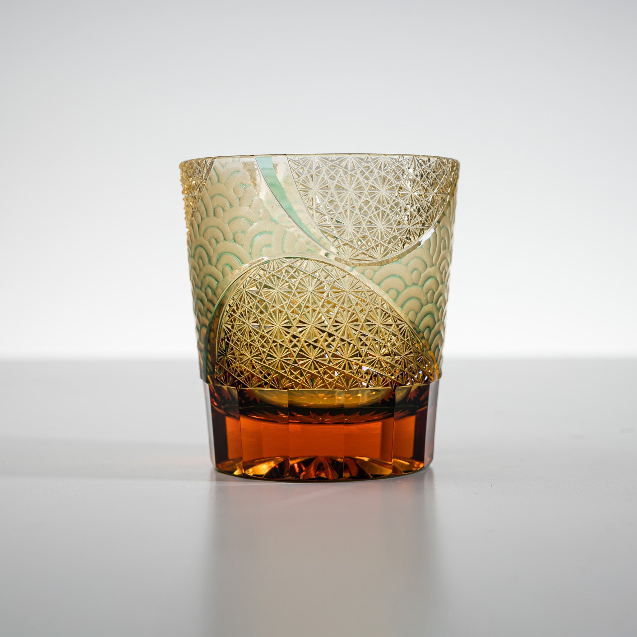 Yamada Crystal Glass Rock Glass - Wave Design in Amber Green - Perfect for Whiskey, Bourbon, and Cocktail Drinking at Home or Bar