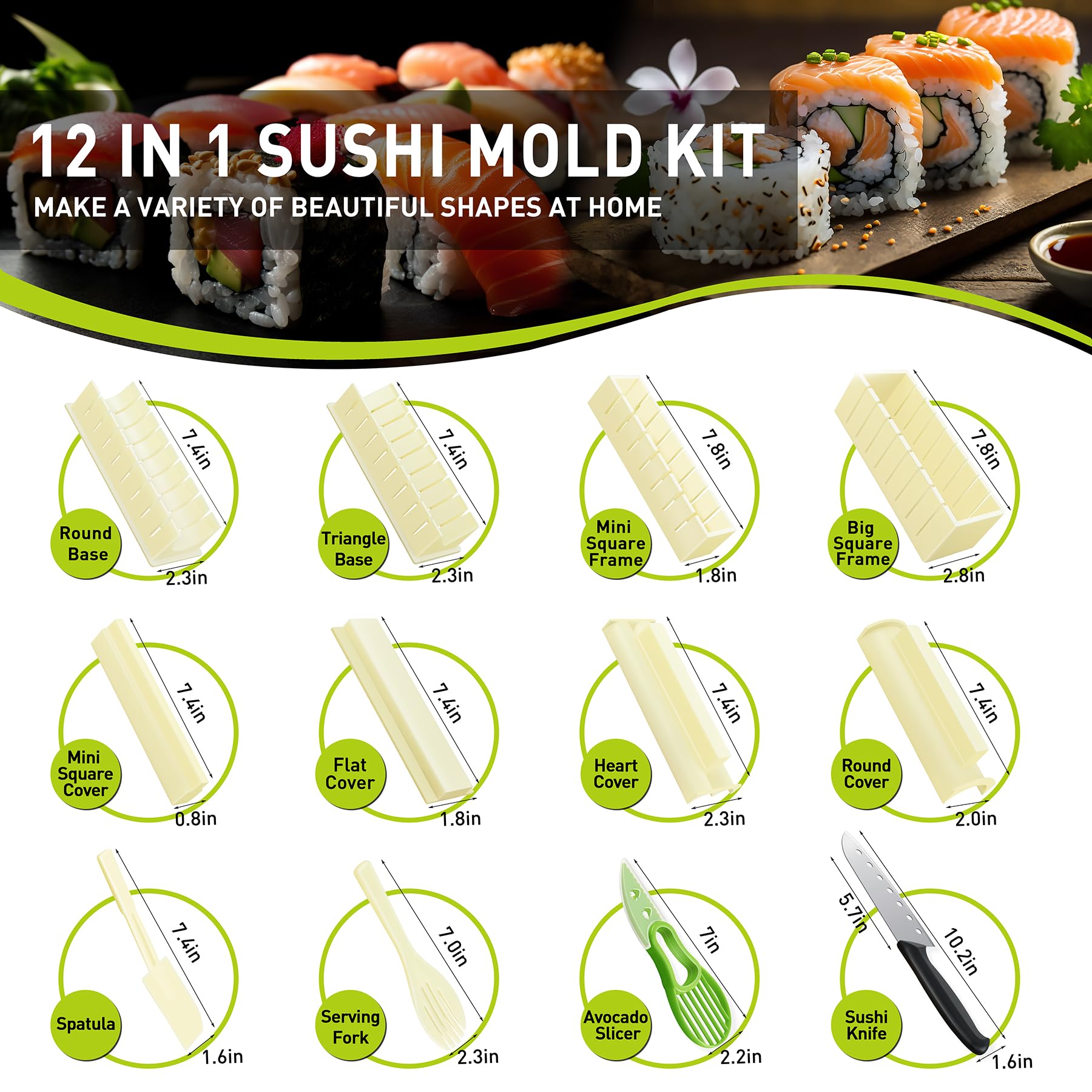 Premium 12-Piece Sushi Making Kit with Rice Mold & Roller - Complete DIY Sushi Maker Set for Beginners - Perfect for Home Cooking, Parties & Japanese Cuisine Lovers