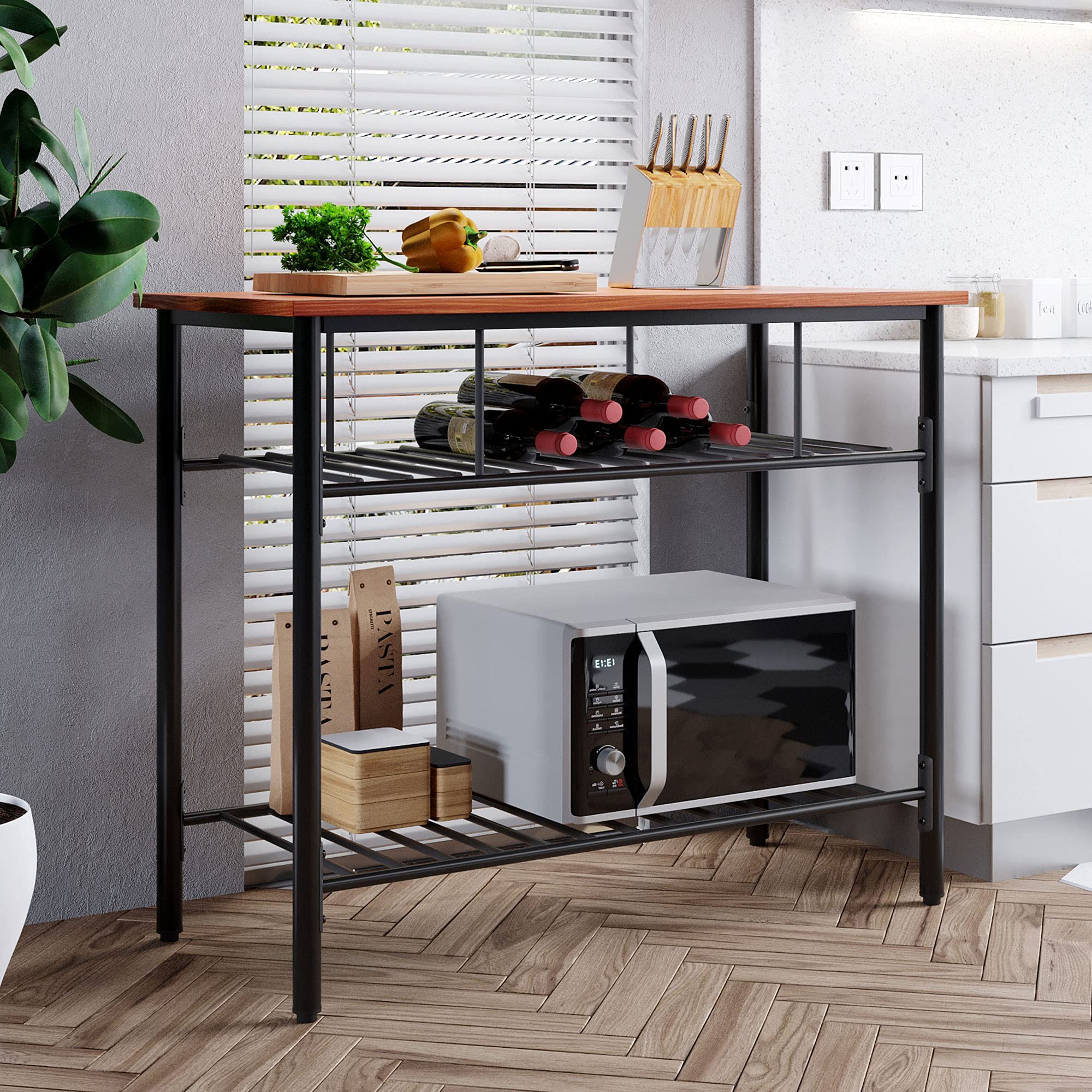 Rustic Farmhouse Counter Height Dining Table & Kitchen Island Prep Table with Storage Rack, 2 Shelves - Brown Wooden Worktop for Small Space Kitchen & Dining Room Decor