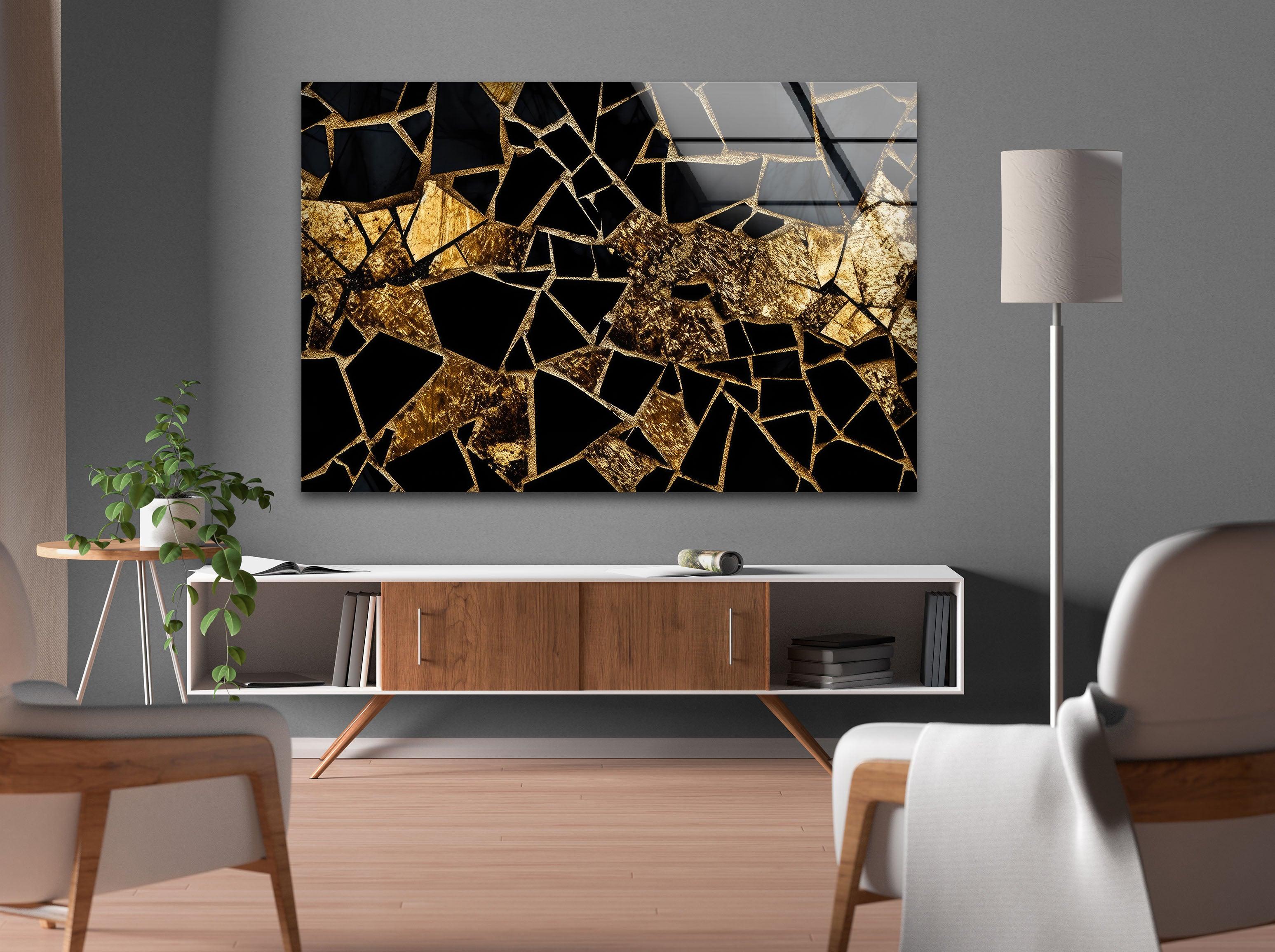 Elegant Black and Gold Stained Glass Wall Art - Handcrafted Marble Mosaic Decor for Living Room, Bedroom, or Office - Perfect for Home & Interior Design