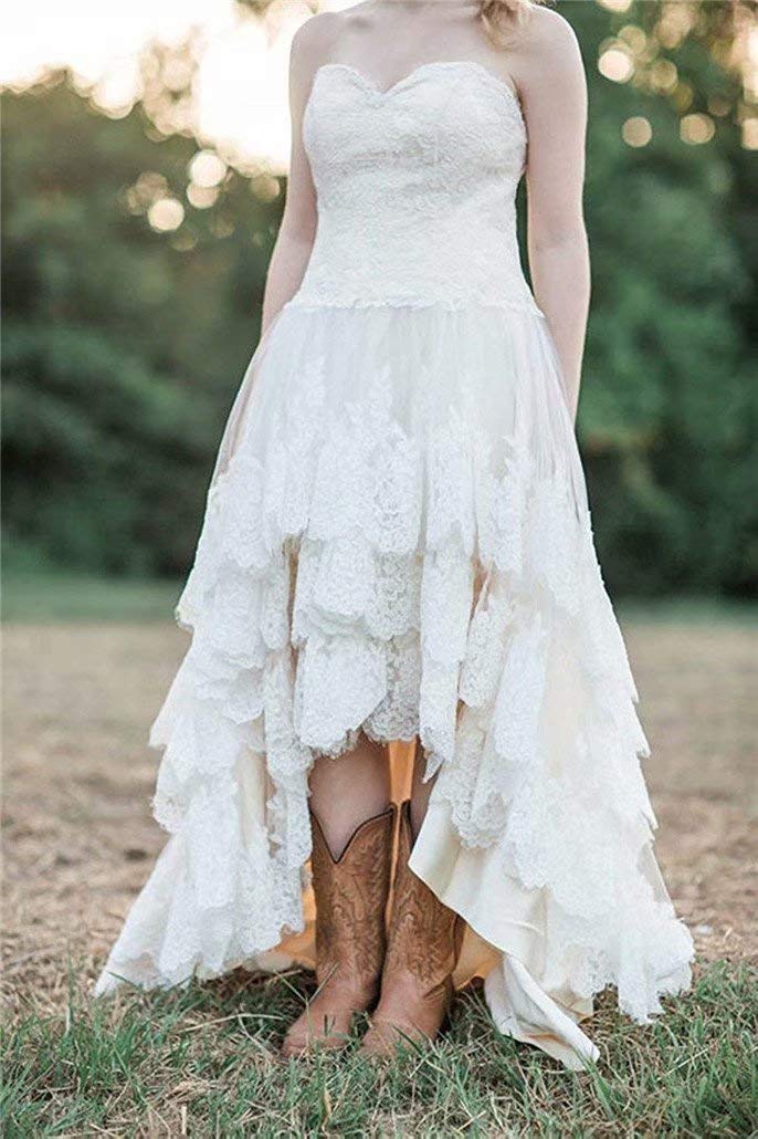 Elegant Plus Size Women's High Low Sweetheart Lace Wedding Dress - A-Line Tulle Bridal Gown for Country, Beach & Outdoor Ceremonies