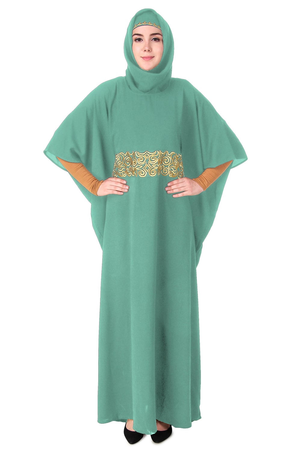 Handmade Gold Embroidered Waist Accent Kaftan Dress - Elegant Beach Cover Up & Boho Chic Homewear for Women