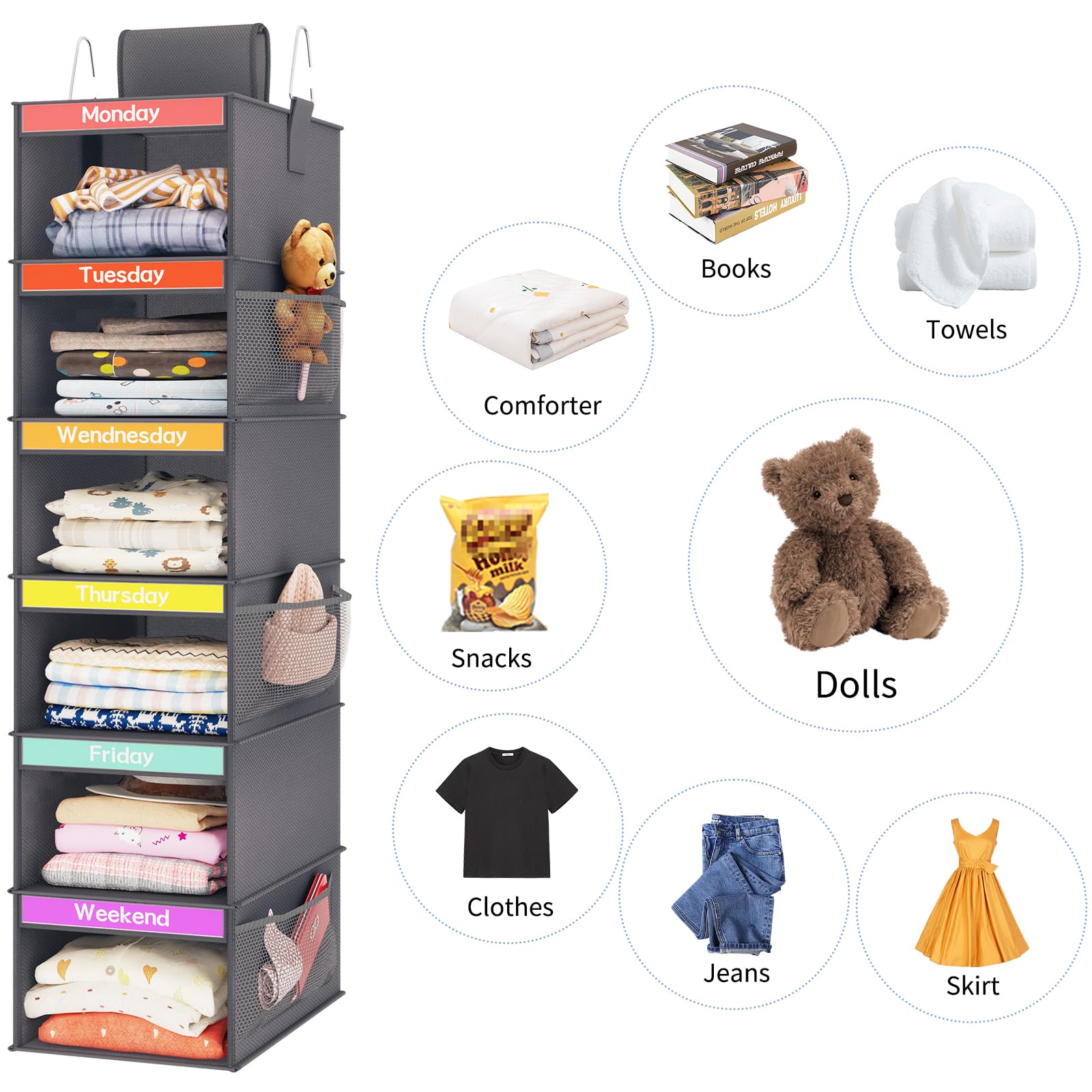 Fixwal 6-Shelf Weekly Clothes Organizer for Kids - Hanging Closet Organizer with 6 Side Pockets - Days of The Week Storage Shelves for Toddler & Children (Dark Grey) - Perfect for Bedroom, Nursery & Daycare Organization