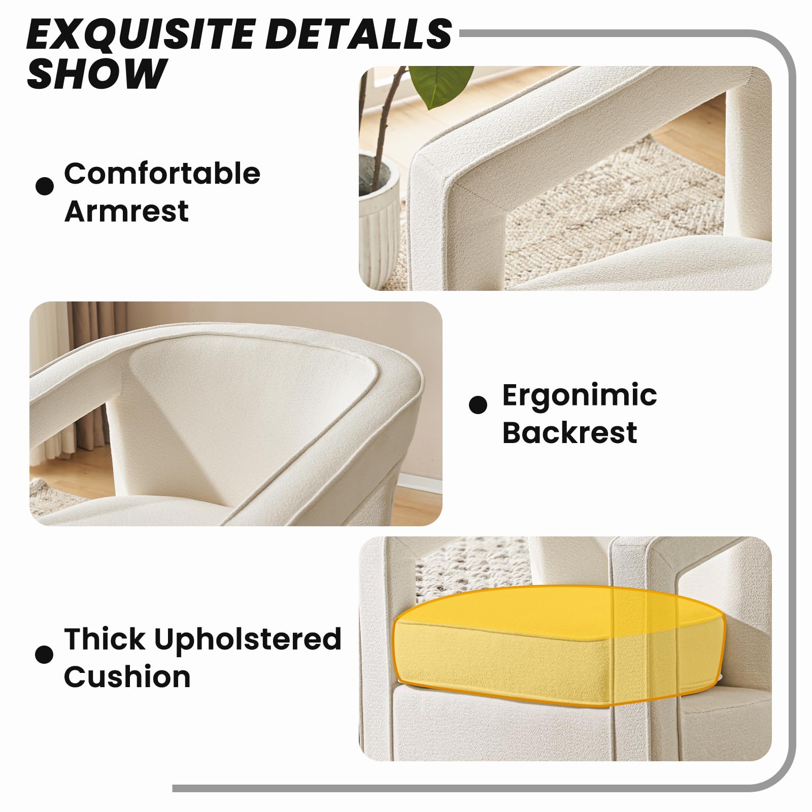 Furniliving Chenille Swivel Accent Chair - Upholstered Barrel Chair with Curved Back - Comfortable Reading Armchair for Living Room, Bedroom, Balcony & Home Office - Set of 2 White Chairs - Perfect for Relaxing, Reading & Enhancing Home Decor
