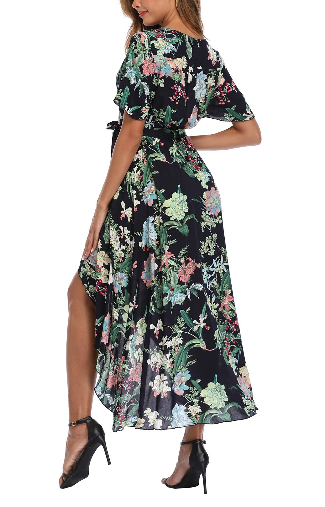 Boho Floral Maxi Dress for Women - Short Sleeve Wrap Summer Beach Dress with Side Slit | Perfect for Beach Vacations, Pool Parties & Tropical Getaways