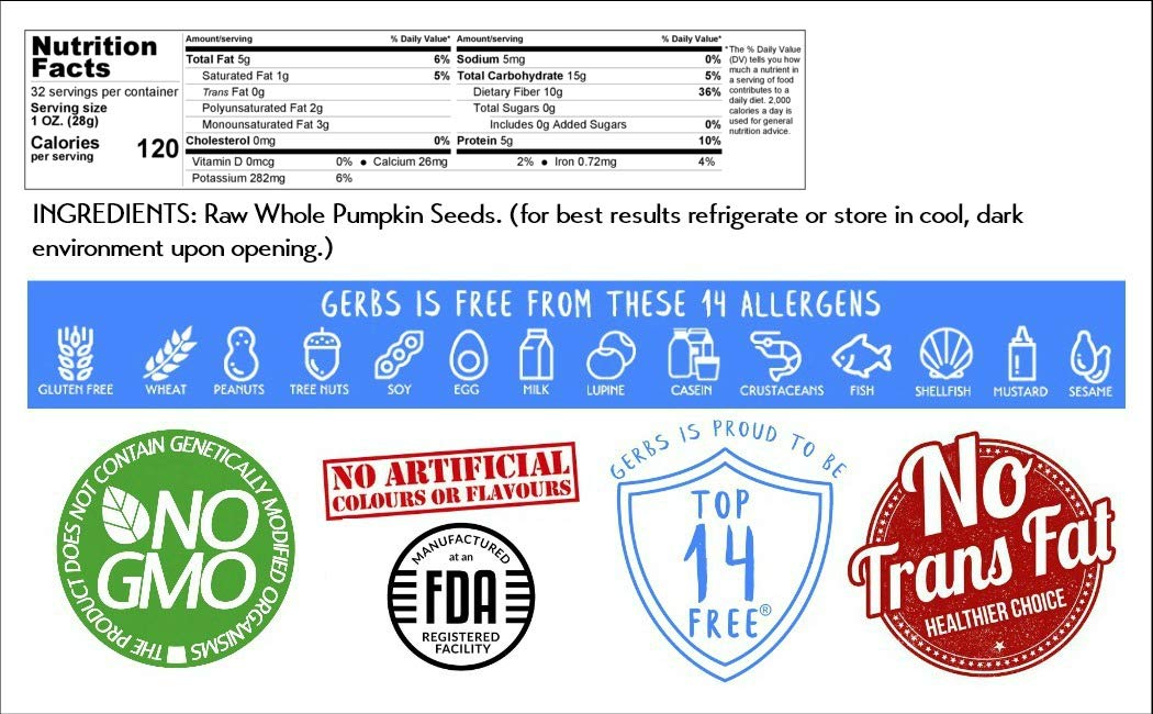 **GERBS Raw Whole Pumpkin Seeds 2 LBS – Top 14 Allergy-Free, Non-GMO, Protein-Packed Superfood Snack – 10.5mm Size, Grown & Packaged in USA – Perfect for Salads, Smoothies, Baking & Healthy Snacking**