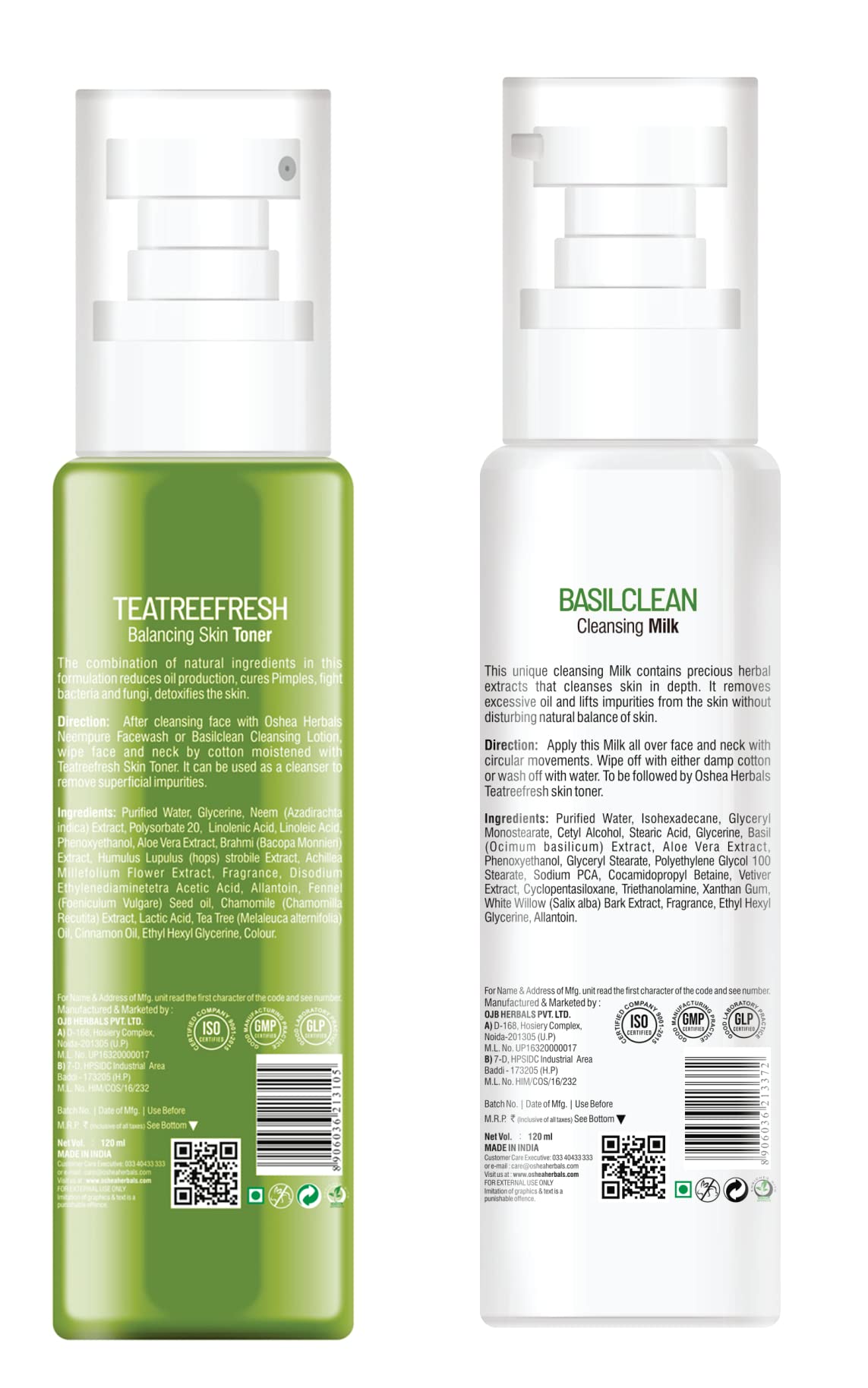 Oshea Herbals Basilclean Cleansing Milk & Tea Tree Balancing Toner Set for Men & Women - 120ml Each - Deep Cleansing & Oil Control for Acne-Prone Skin - Perfect for Daily Skincare Routine