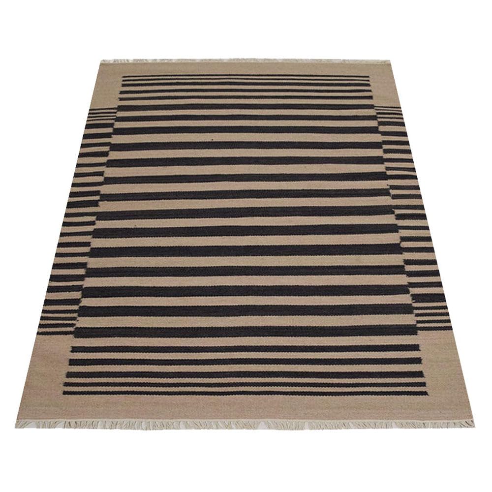 Hand Woven Flat Weave Kilim Wool Eco-Friendly Area Rugs 8'x10' - Rectangle Cream Charcoal Contemporary Low Pile Handmade Rug for Living Room, Bedroom & Dining Room | D00125