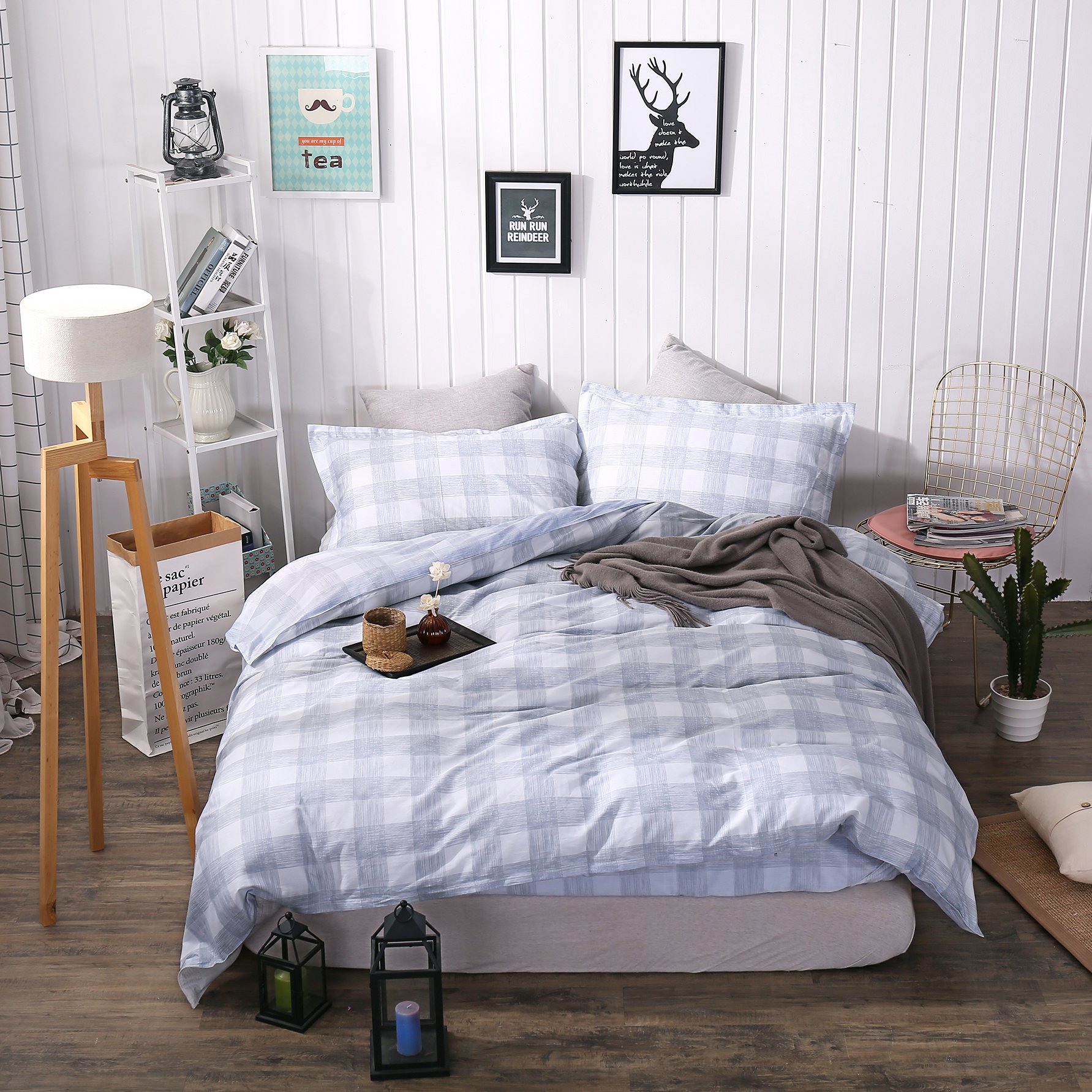 100% Cotton Queen Duvet Cover Set - Soft Plaid Bedding in Gray Blue & Coffee (1 Duvet Cover + 2 Pillowcases) with Zip & Tie Closure | Breathable, Wrinkle-Resistant | Perfect for Master Bedroom, Guest Room & Cozy Home Decor
