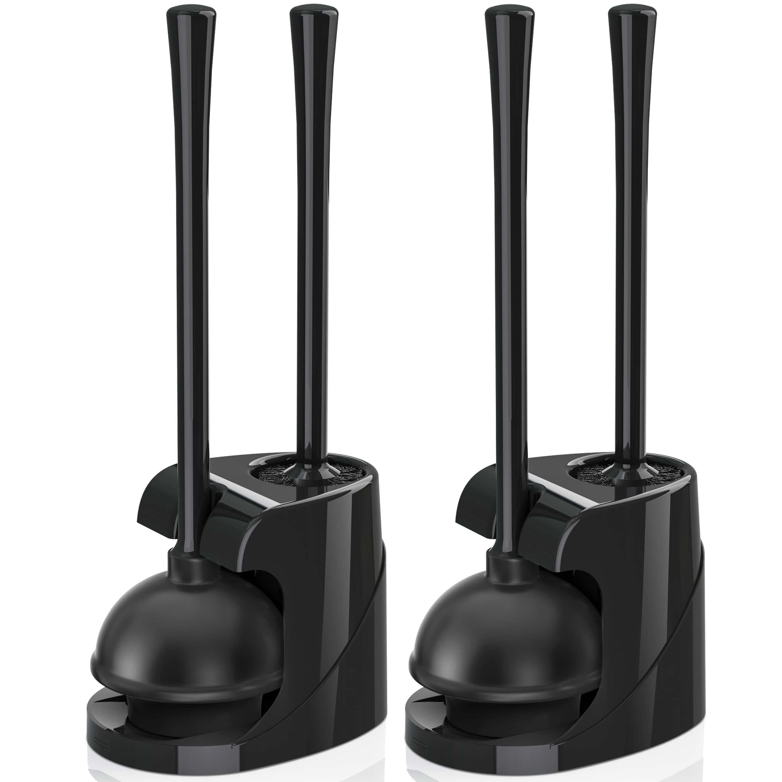 Heavy Duty Toilet Plunger and Bowl Brush Set with Ventilated Holder - 2-in-1 Bathroom Cleaning Combo with Modern Caddy Stand (Black, 2 Pack) - Ideal for Clogged Toilets, Bathroom Maintenance & Home Cleaning Essentials