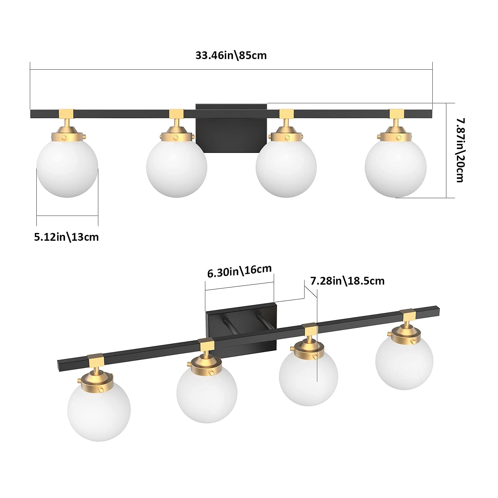 Tipace 4-Light Mid Century Modern Bathroom Vanity Lighting Fixture - Black/Gold Finish with Milk White Glass Globes for Mirror Lighting (Bulbs Not Included) | Perfect for Bathroom, Powder Room, and Dressing Area Vanity Mirror Illumination