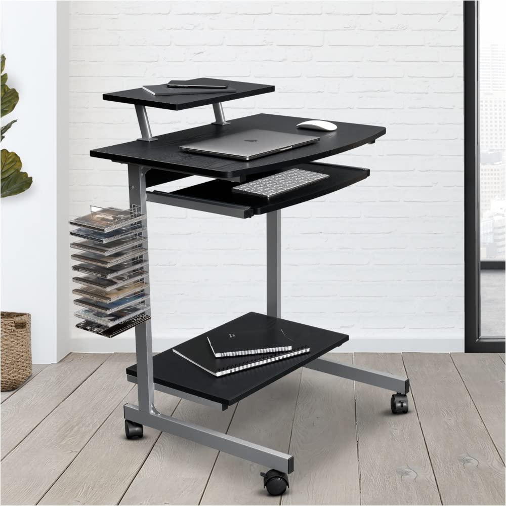 Compact Computer Cart with Storage - Espresso Wood Finish - Mobile Workstation for Home Office, Classroom, or Dorm Room