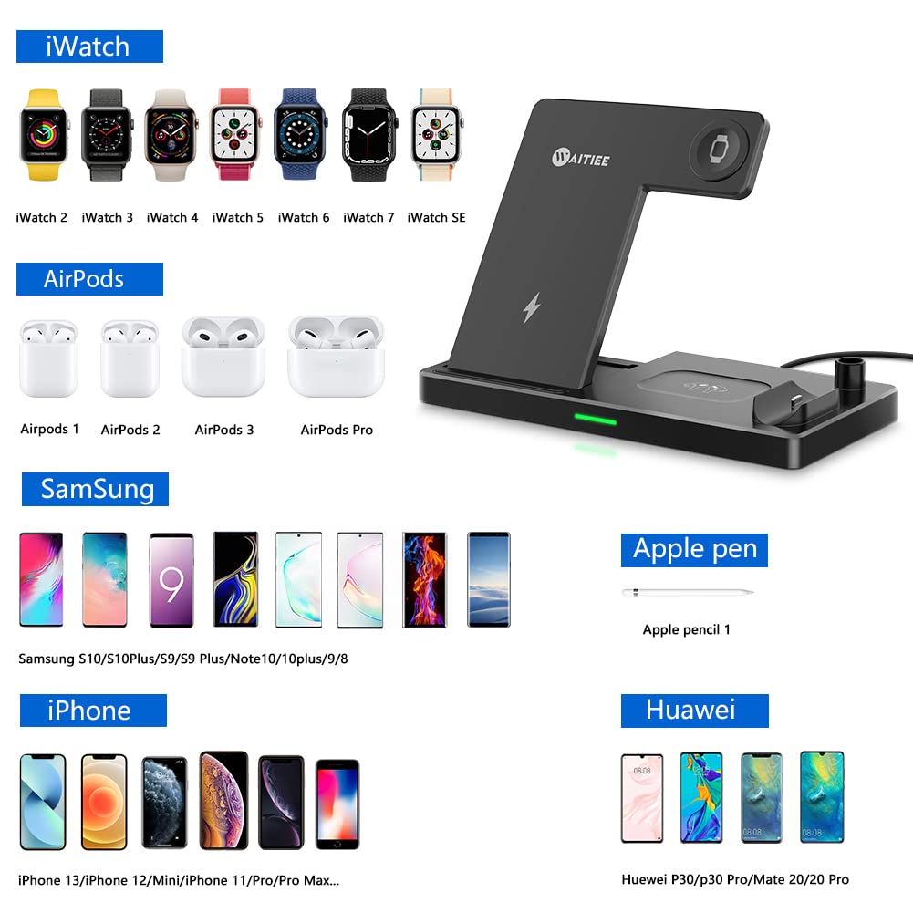 WAITIEE 5-in-1 Wireless Charging Station - Fast Qi Charger Dock for iPhone 13/12/11 Series, Apple Watch SE/7/6/5/4/3/2, AirPods Pro/3/2/1 & Apple Pencil | Compact Multi-Device Charging Stand for Home, Office & Travel (Black)