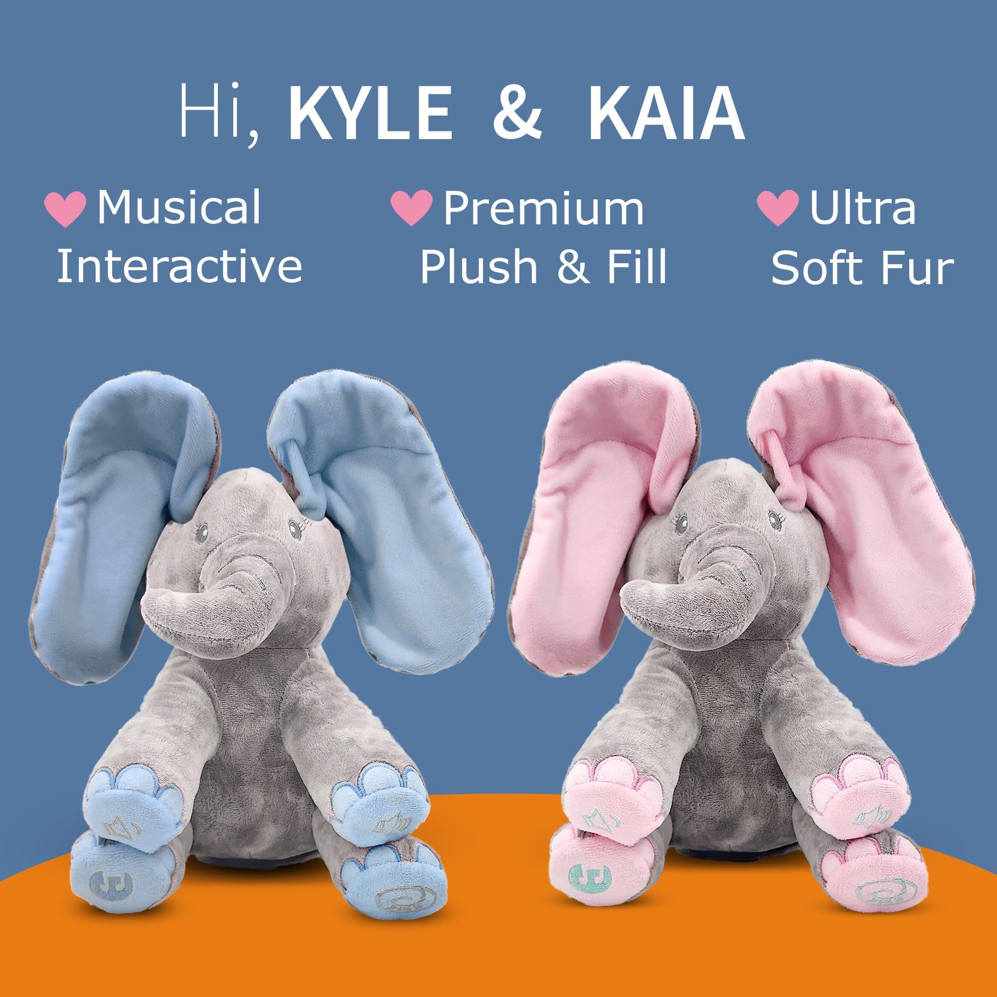 Dimple Kaia & Kyle Elephant Plush Toy Set - Interactive Singing Musical Elephants with Peek-a-Boo Game - Cute Stuffed Animals for Kids, Toddlers & Babies - Perfect for Easter Gifts, Birthday Presents & Nursery Decor