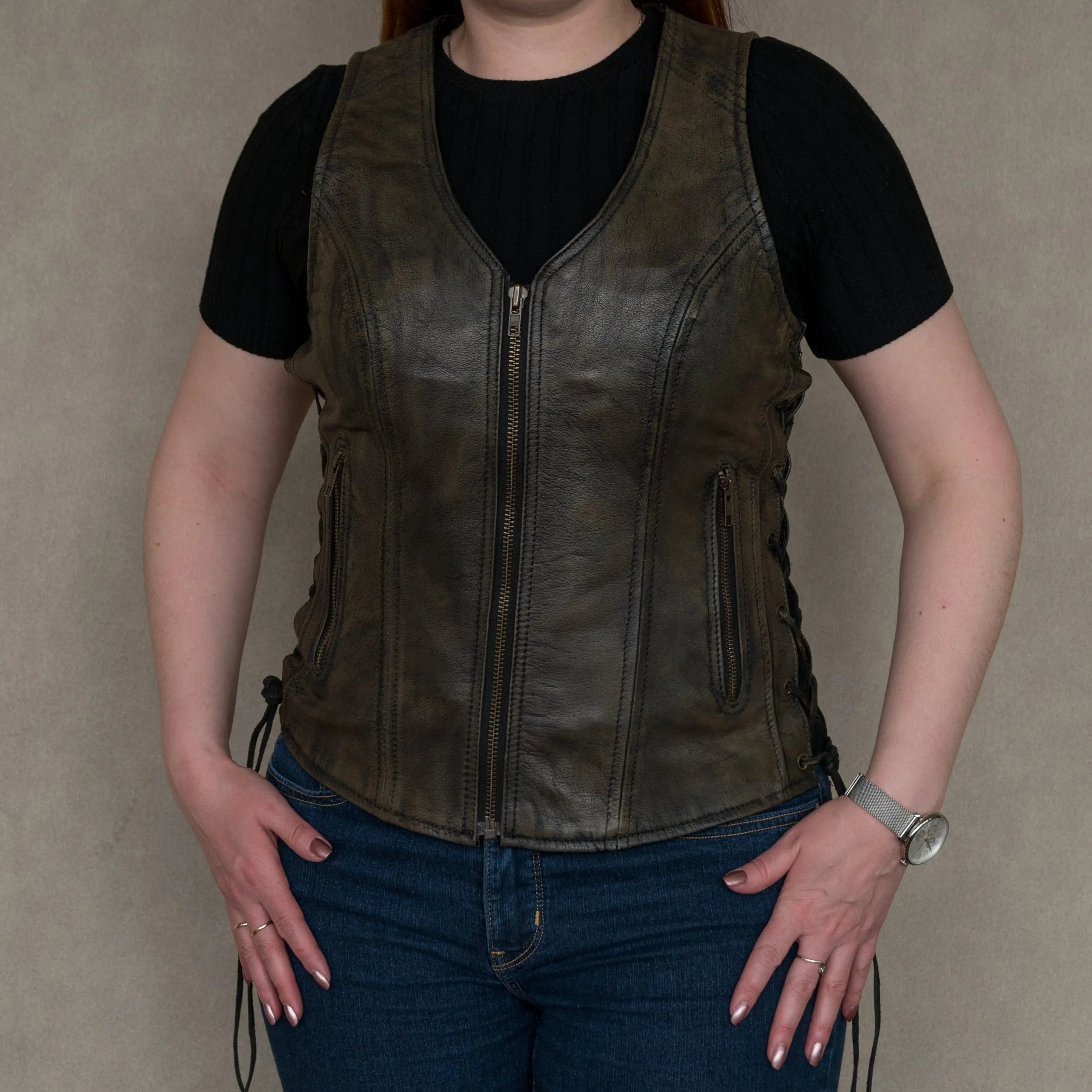 Women's Distressed Brown Faux Leather Vest - Stylish Open Road Biker Jacket for Casual Outfits & Motorcycle Rides