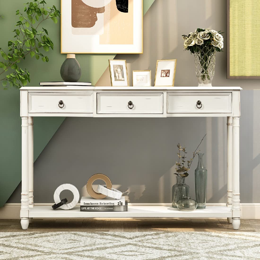 Antique White Console Table with Drawers - 51.57