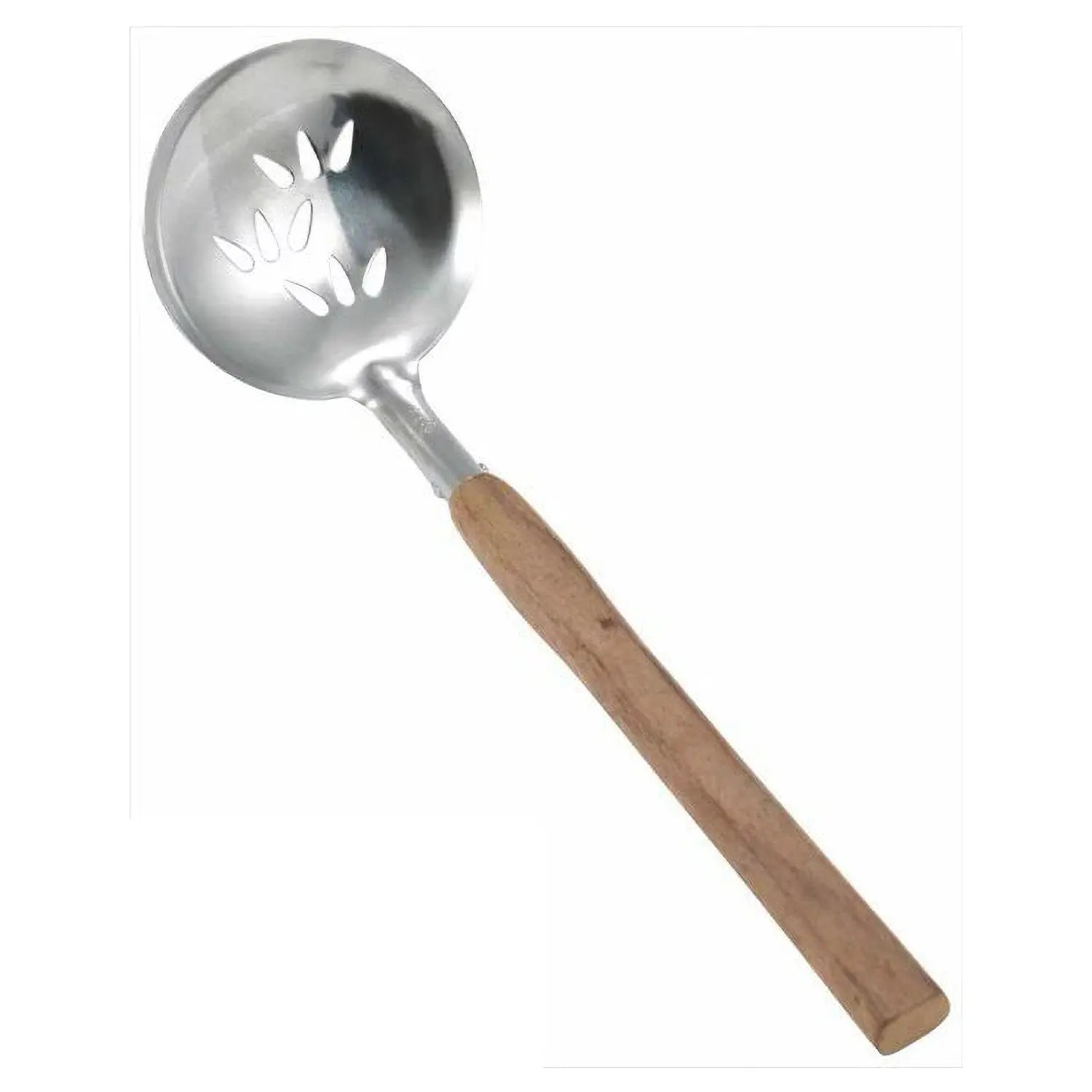 Premium EBM Stainless Steel Perforated Ladle with Ergonomic Wooden Handle - Perfect for Straining Pasta, Soup & Deep Frying in Professional & Home Kitchens