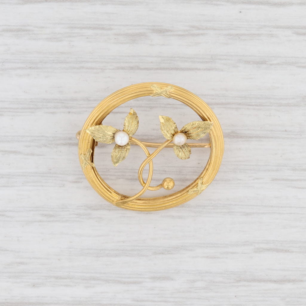 Antique French Floral Brooch - 18k Yellow Gold with Cultured Pearls - Vintage Jewelry for Weddings, Parties & Special Occasions